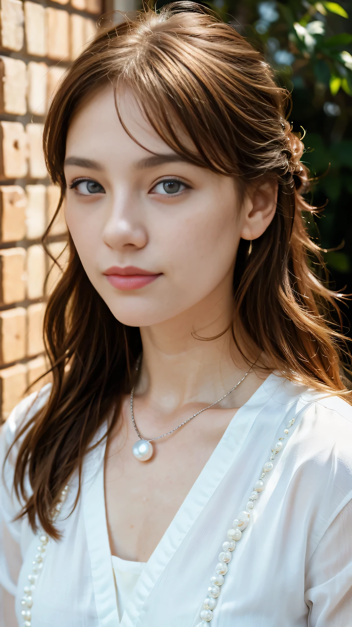 ロシアの美しい 18 歳の少女の顔の超genuineな写真,genuine、8k、 She has long wavy brown hair, blue eyes and freckles. she is smiling and looking at the camera.、she wears a pearl earring in her left ear、I wear a silver necklace around my neck..。. she has clear rosy skin, Her eyes and lips have soft makeup. she looks bright and confident. The depth of field in the photo is shallow, blur background、emphasize the face of a young girl。. Adjust the white balance、Achieving natural and soft light. ISO is lower to avoid noise、contrast, Saturation and sharpness are medium、genuineで写真的な効果をto be bornみ出します。.  to be born,(masterpiece) (perfect proportions) (genuineな写真) 、(highest quality) 、(be familiar with)、(wallpaper) (cinematic lighting) (dramatic lighting) (sharp focus) (Complex), (close up of face), genuineな影, surgenuine.