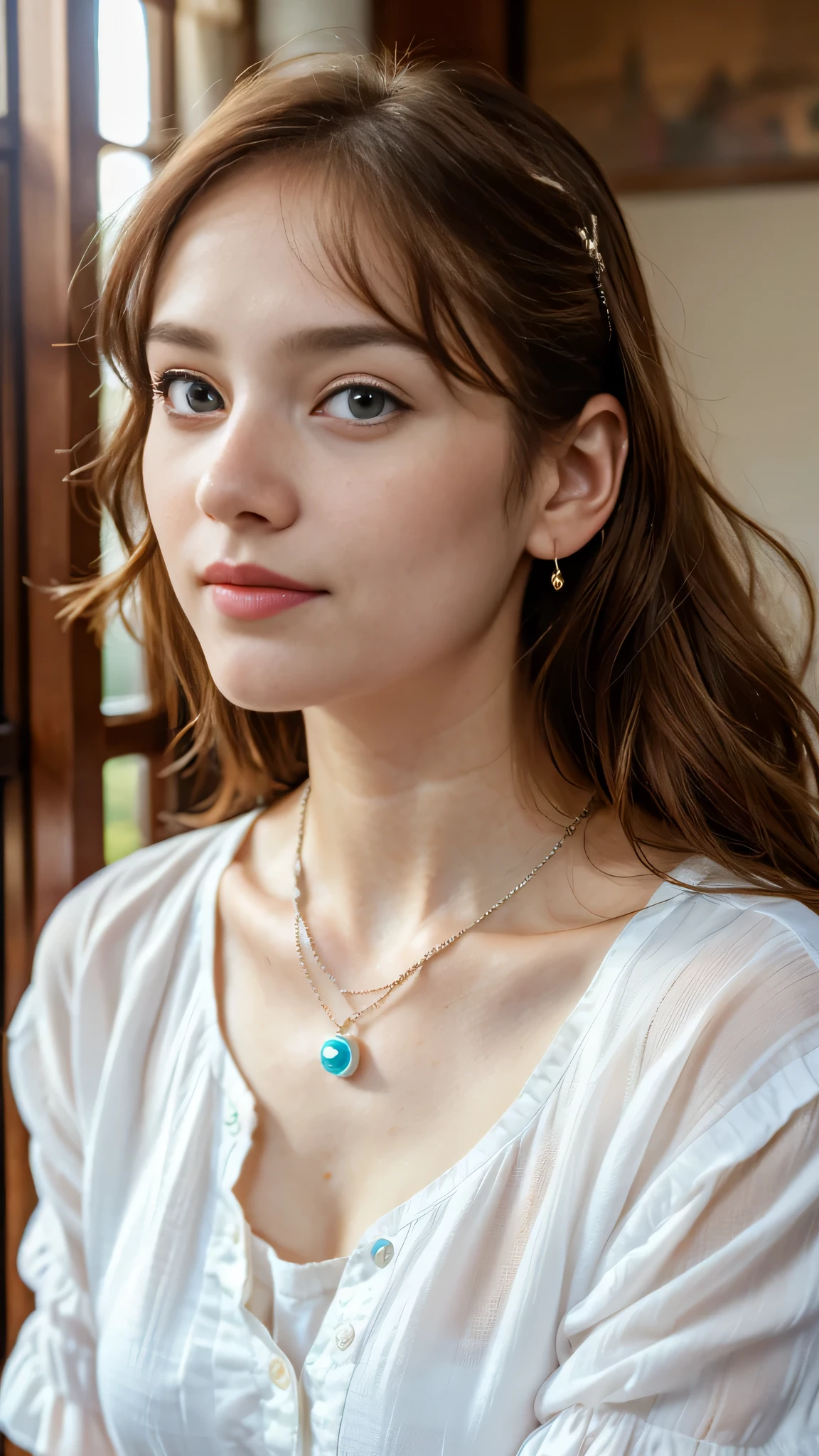 ロシアの美しい 18 歳の少女の顔の超genuineな写真,genuine、8k、 She has long wavy brown hair, blue eyes and freckles. she is smiling and looking at the camera.、she wears a pearl earring in her left ear、I wear a silver necklace around my neck..。. she has clear rosy skin, Her eyes and lips have soft makeup. she looks bright and confident. The depth of field in the photo is shallow, blur background、emphasize the face of a young girl。. Adjust the white balance、Achieving natural and soft light. ISO is lower to avoid noise、contrast, Saturation and sharpness are medium、genuineで写真的な効果をto be bornみ出します。. to be born,(masterpiece) (perfect proportions) (genuineな写真) 、(highest quality) 、(be familiar with)、(wallpaper) (cinematic lighting) (dramatic lighting) (sharp focus) (Complex), (close up of face), genuineな影, surgenuine.