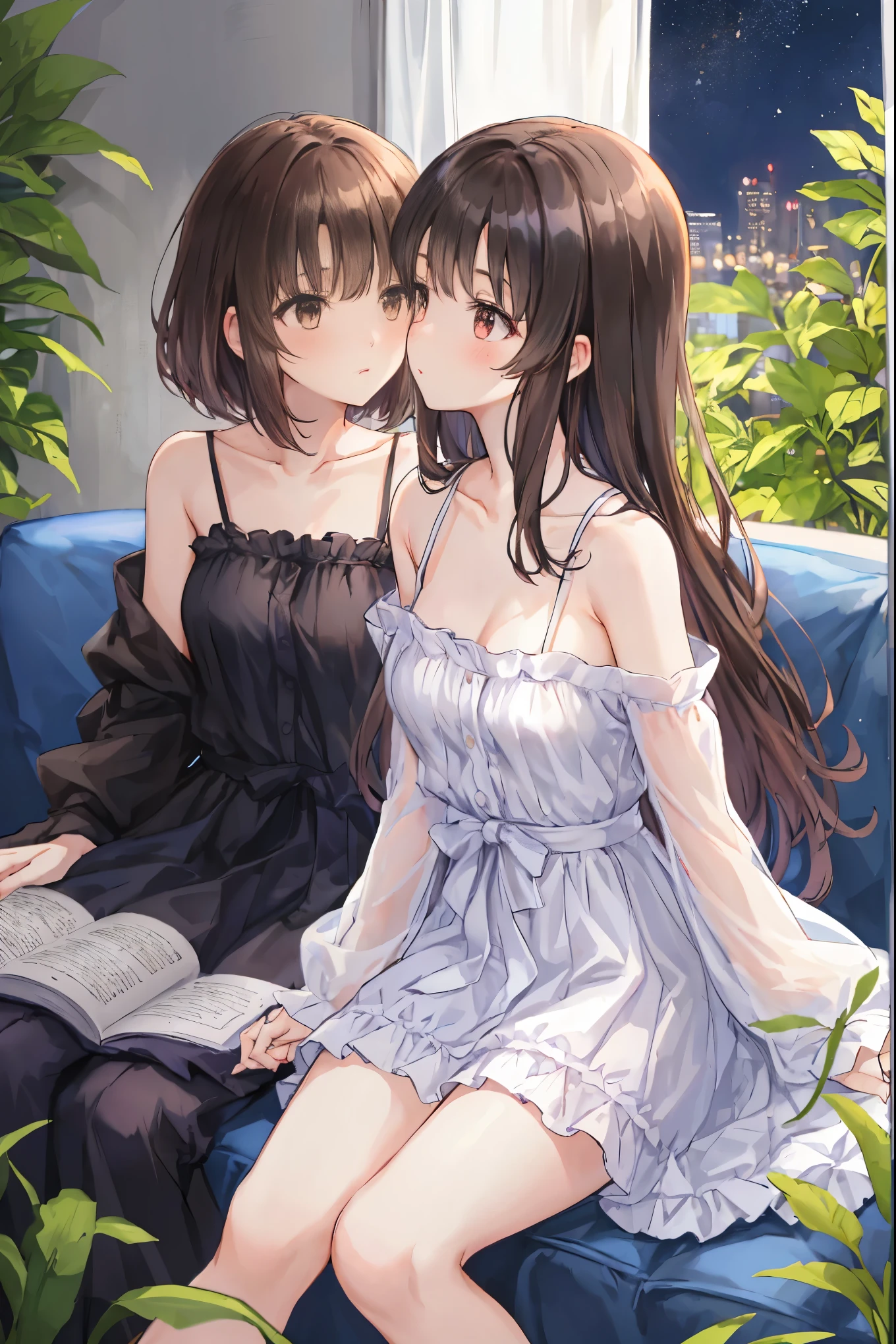 Brown Hair,Shortcuts,Messy Hair,Slender beauty,A dignified posture,小chest,Beautiful feet,Yuri , Multiple Girls, 2 girls, Yuri, dress, sofa, Long Hair, kiss, plant, Eyes closed, window, indoor, Sitting, Blurred foreground, on sofa, white dress, Blurred, Exposing shoulders, moon, potted plant, Written boundary depth, Sleeveless dress, Blonde, Sleeveless, chest, black dress, Black Hair, pillow, Bottle, Bare arms, full moon, night, Book, blush, very Long Hair, clavicle, The legs stick out from the frame, chestの谷間, cup, bangs, null, Brown Hair, Wavy Hair, curtain, Spaghetti Straps, cushion, Particles of light, profile,high school girl ,、Brown Hairのポニーテール,フレンチ・kiss, barefoot,,小さいchest,Small Ass,beautiful profile,Clear limbs,Distinctive nose bridge,Anatomically correct limbs