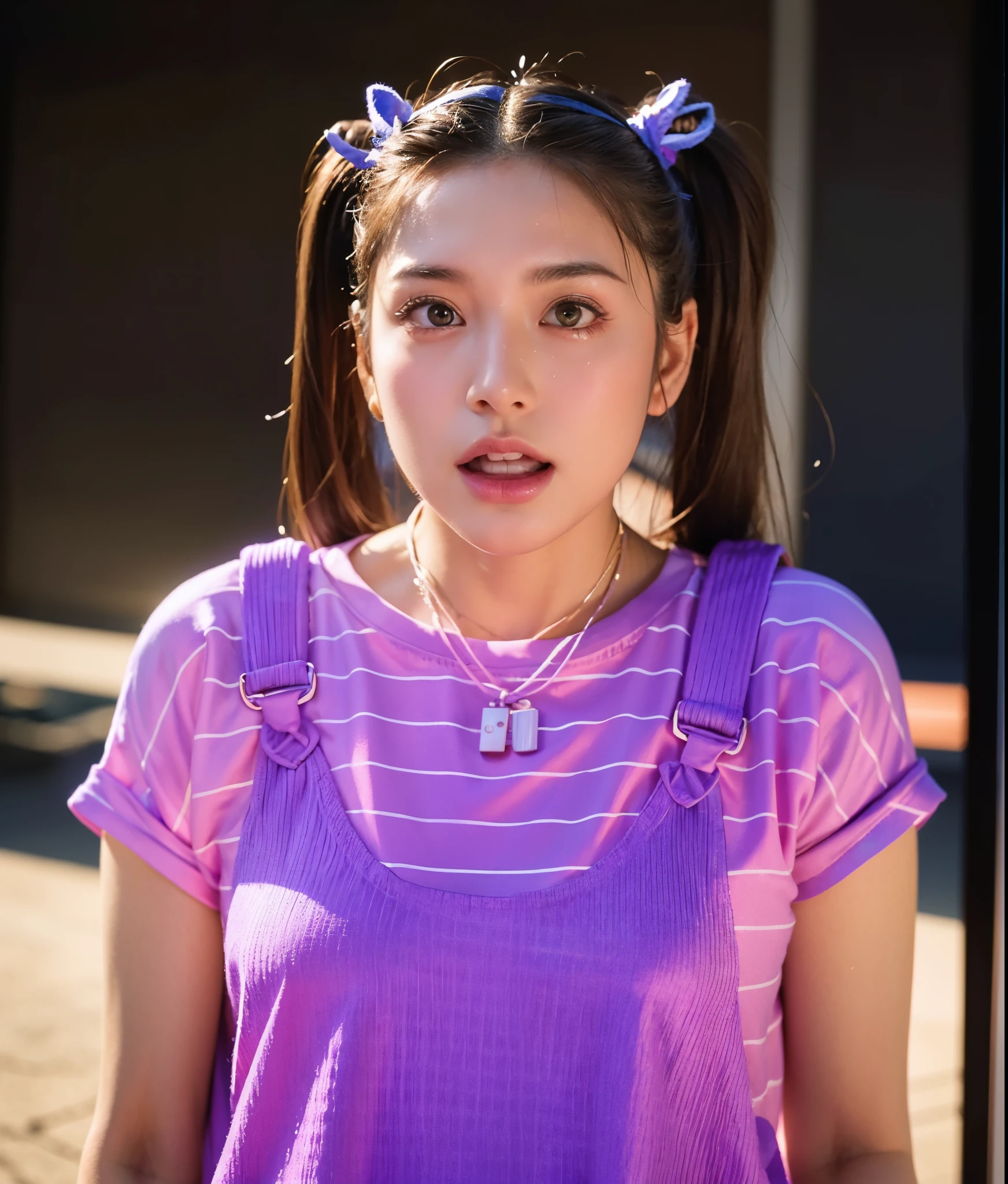girl with a surprised look on her face, shocked expression on her face, girl with light brown hair, light on hair, shocked look, girl with cat ears, shocked expression, surprised expression on her face, wearing purple undershirt, pigtails hairstyle, pigtails, girl with plaits, shocked expression on her face, advertising photo, glossy texture, smooth 3d model, multiple light sources, rim light, sharp post effects render, , perfect cgi, smooth silhouette, high intensity refraction, most beautiful vfx, blue background, realistic, 4k, high resolution, rim light detailed digital art, reflective, best quality, 4k, masterpiece:1.2, ultra-detailed, realistic, vivid colors, The image of the highest quality, ensuring every detail showcased perfectly. It in 4k resolution, allowing viewers to immerse themselves in the richness of the colors and intricate details. The realistic rendering. under the spotlight, reflecting, high-resolution image, realistic rendering