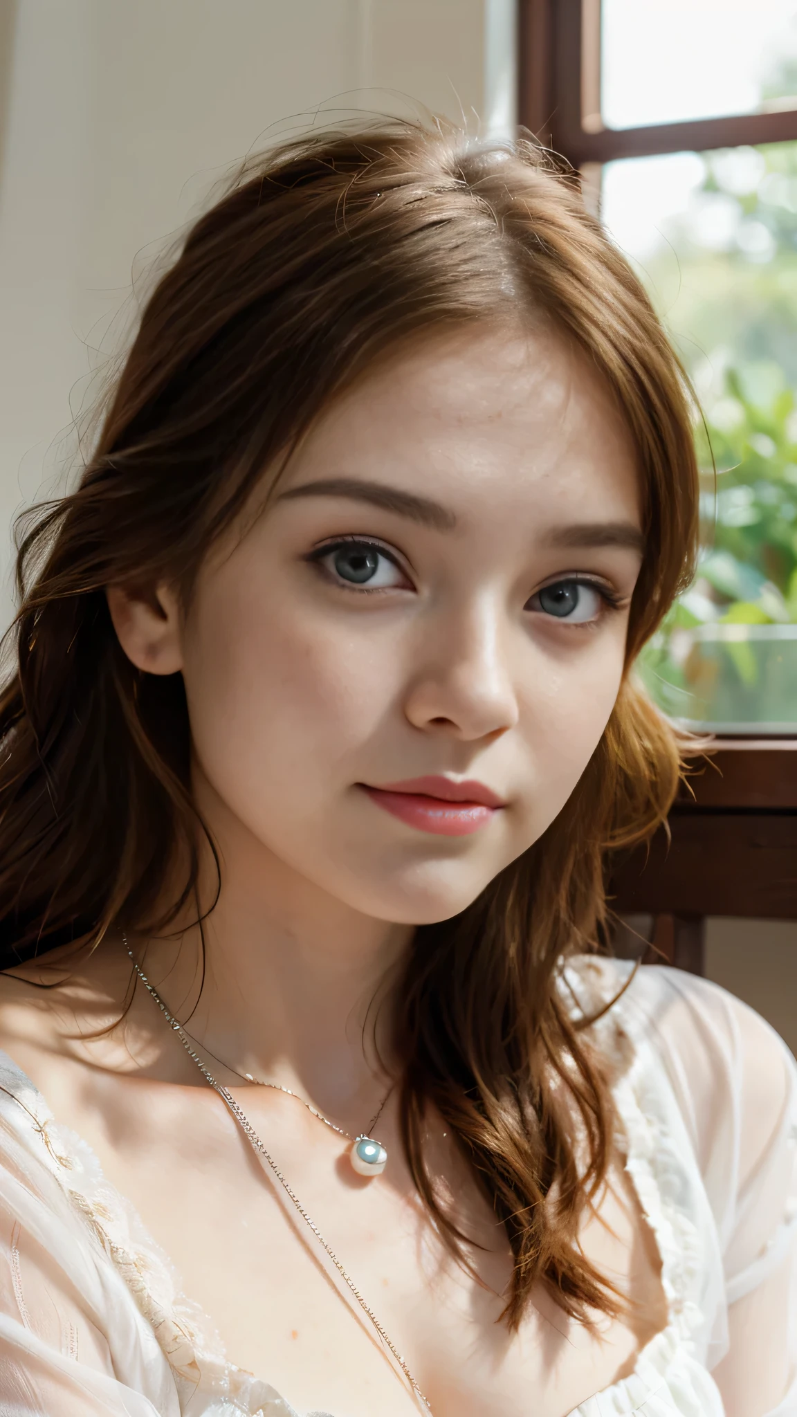 ロシアの美しい 18 歳の少女の顔の超genuineな写真,genuine、8k、 She has long wavy brown hair, blue eyes and freckles. she is smiling and looking at the camera.、she wears a pearl earring in her left ear、I wear a silver necklace around my neck..。. she has clear rosy skin, Her eyes and lips have soft makeup. she looks bright and confident. The depth of field in the photo is shallow, blur background、emphasize the face of a young girl。. Adjust the white balance、Achieving natural and soft light. ISO is lower to avoid noise、contrast, Saturation and sharpness are medium、genuineで写真的な効果をto be bornみ出します。.  to be born,(masterpiece) (perfect proportions) (genuineな写真) 、(highest quality) 、(be familiar with)、(wallpaper) (cinematic lighting) (dramatic lighting) (sharp focus) (Complex), (close up of face), genuineな影, surgenuine.