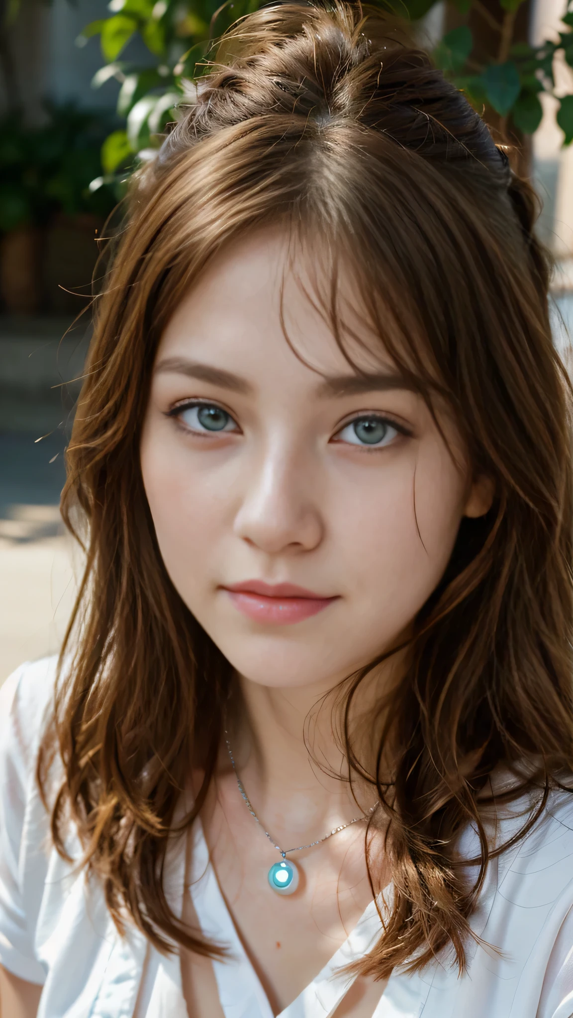 ロシアの美しい 18 歳の少女の顔の超genuineな写真,genuine、8k、 She has long wavy brown hair, blue eyes and freckles. she is smiling and looking at the camera.、she wears a pearl earring in her left ear、I wear a silver necklace around my neck..。. she has clear rosy skin, Her eyes and lips have soft makeup. she looks bright and confident. The depth of field in the photo is shallow, blur background、emphasize the face of a young girl。. Adjust the white balance、Achieving natural and soft light. ISO is lower to avoid noise、contrast, Saturation and sharpness are medium、genuineで写真的な効果をto be bornみ出します。.  to be born,(masterpiece) (perfect proportions) (genuineな写真) 、(highest quality) 、(be familiar with)、(wallpaper) (cinematic lighting) (dramatic lighting) (sharp focus) (Complex), (close up of face), genuineな影, surgenuine.