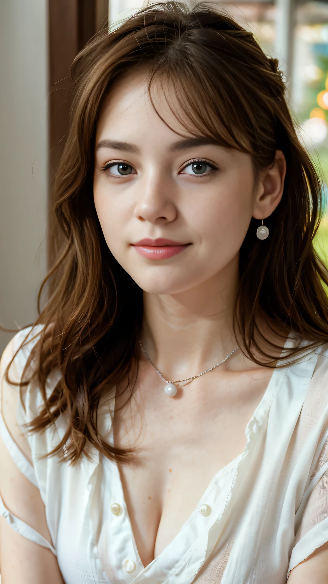 ロシアの美しい 18 歳の少女の顔の超genuineな写真,genuine、8k、 She has long wavy brown hair, blue eyes and freckles. she is smiling and looking at the camera.、she wears a pearl earring in her left ear、I wear a silver necklace around my neck..。. she has clear rosy skin, Her eyes and lips have soft makeup. she looks bright and confident. The depth of field in the photo is shallow, blur background、emphasize the face of a young girl。. Adjust the white balance、Achieving natural and soft light. ISO is lower to avoid noise、contrast, Saturation and sharpness are medium、genuineで写真的な効果をto be bornみ出します。.  to be born,(masterpiece) (perfect proportions) (genuineな写真) 、(highest quality) 、(be familiar with)、(wallpaper) (cinematic lighting) (dramatic lighting) (sharp focus) (Complex), (close up of face), genuineな影, surgenuine.