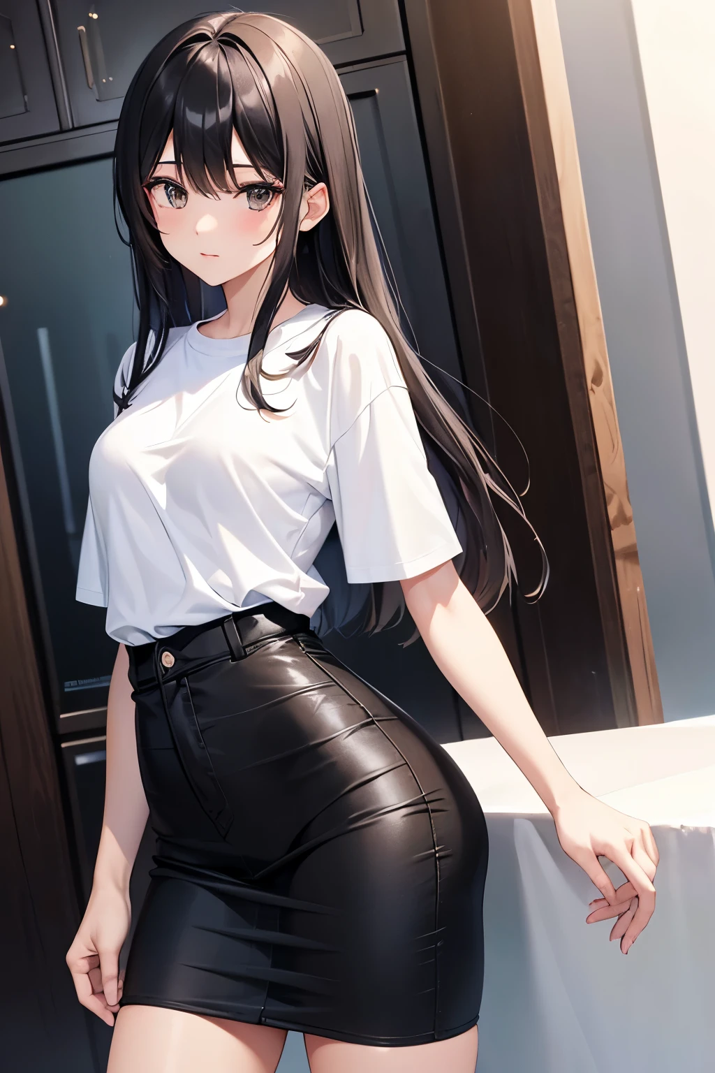 best quality, highres,1 woman,Slender、small face、brown eyes、tall、black hair BREAK、long hair、White short sleeve T-shirt BREAK、(Black skinny:1.2)、(beautiful woman:1.5)、25 years old、Mature