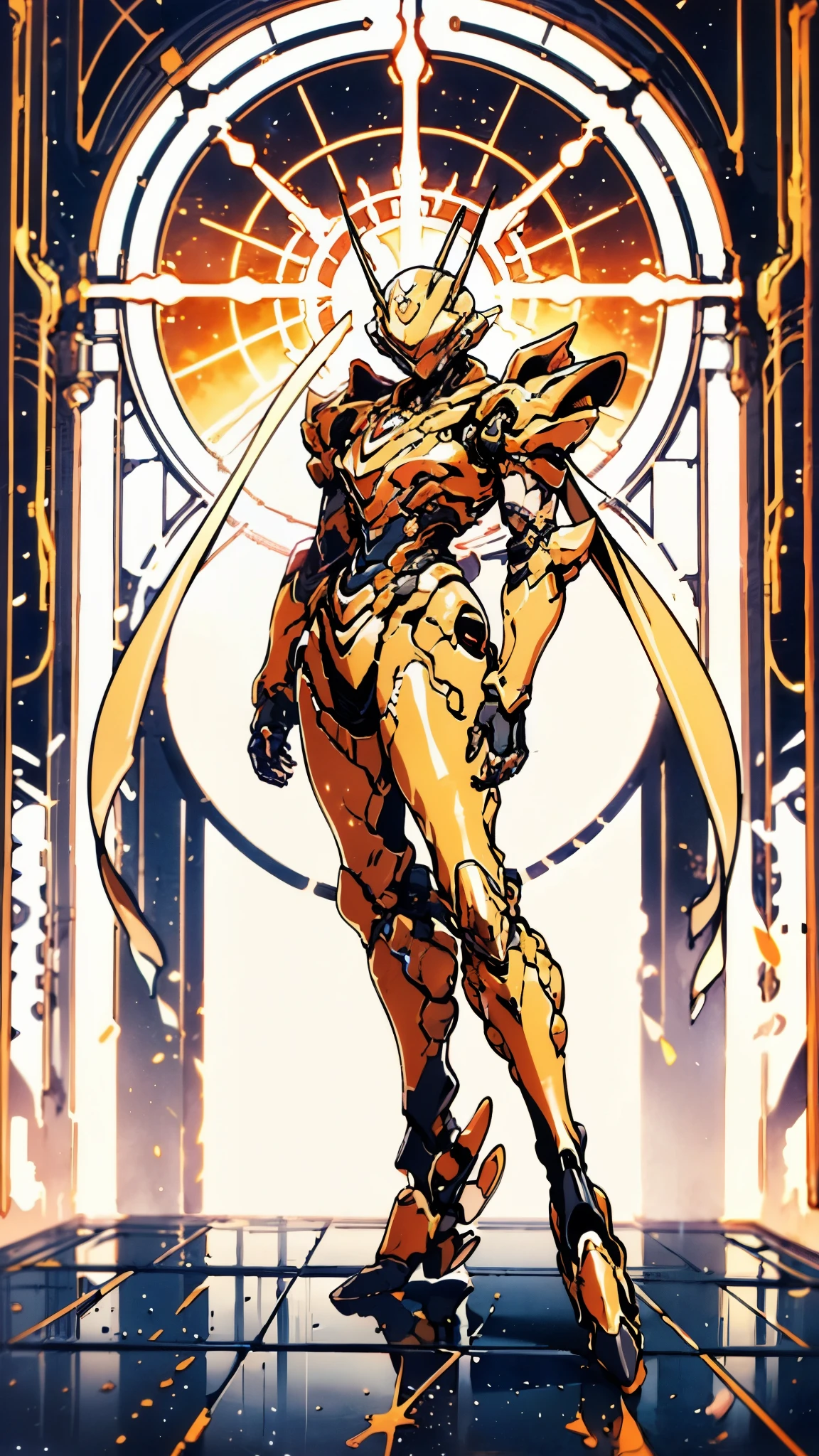 A woman adorned in fantasy-style full-body armor, a crown-concept fully enclosed helmet that unveils only her eyes, a composite layered chest plate, fully encompassing shoulder and hand guards, a lightweight waist armor, form-fitting shin guards, the overall design is heavy-duty yet flexible, ((the armor gleams with a golden glow, complemented by red and blue accents)), exhibiting a noble aura, she floats above a fantasy-surreal high-tech city, this character embodies a finely crafted fantasy-surreal style armored hero in anime style, exquisite and mature manga art style, (Queen bee mixed with Spider concept Armor, plasma, blood), ((Element, energy, elegant, goddess, femminine:1.5)), metallic, high definition, best quality, highres, ultra-detailed, ultra-fine painting, extremely delicate, professional, anatomically correct, symmetrical face, extremely detailed eyes and face, high quality eyes, creativity, RAW photo, UHD, 32k, Natural light, cinematic lighting, masterpiece-anatomy-perfect, masterpiece:1.5
