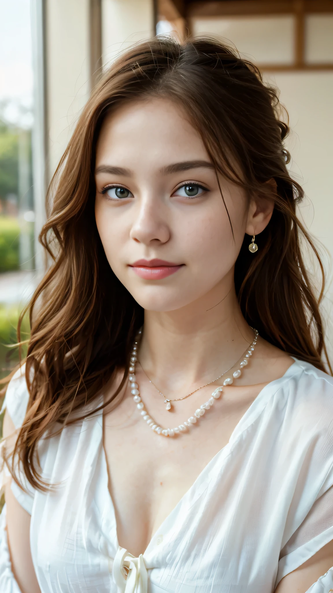 ロシアの美しい 18 歳の少女の顔の超genuineな写真,genuine、8k、 She has long wavy brown hair, blue eyes and freckles. she is smiling and looking at the camera.、she wears a pearl earring in her left ear、I wear a silver necklace around my neck..。. she has clear rosy skin, Her eyes and lips have soft makeup. she looks bright and confident. The depth of field in the photo is shallow, blur background、emphasize the face of a young girl。. Adjust the white balance、Achieving natural and soft light. ISO is lower to avoid noise、contrast, Saturation and sharpness are medium、genuineで写真的な効果をto be bornみ出します。.  to be born,(masterpiece) (perfect proportions) (genuineな写真) 、(highest quality) 、(be familiar with)、(wallpaper) (cinematic lighting) (dramatic lighting) (sharp focus) (Complex), (close up of face), genuineな影, surgenuine.