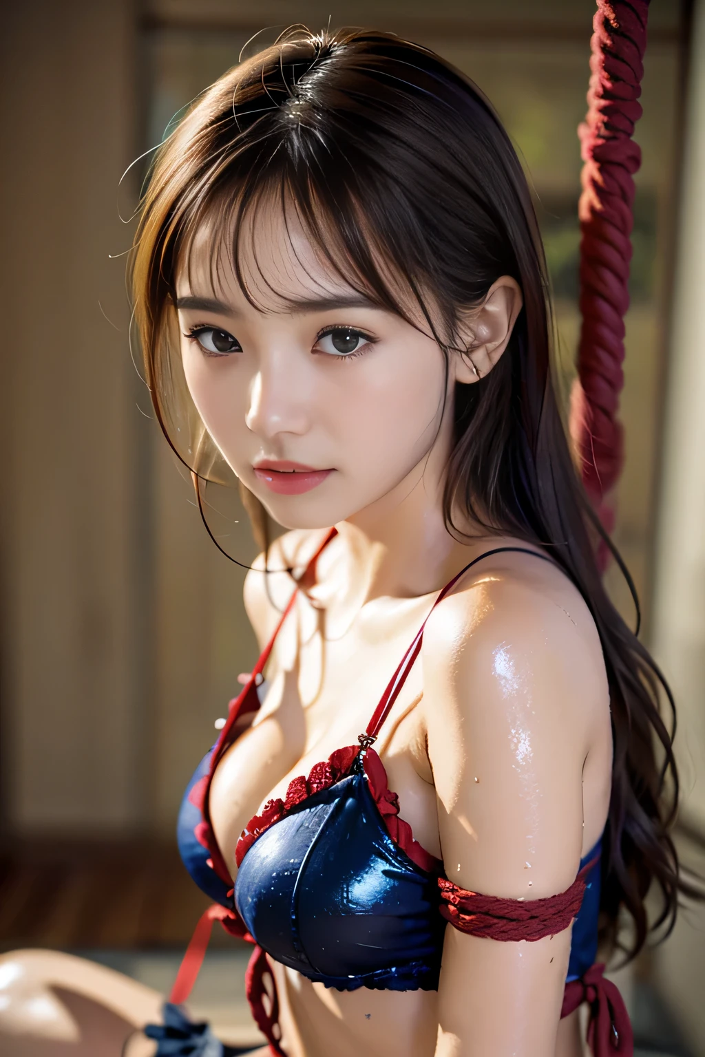((Tied up:1.5))、(I'm sitting alone in a dark prison with no windows and only candle light.)、Japanese woman held captive alone、A girl with fair skin and glossy black hair、(His body is tied up with a thin rope:1.8)、(Tied behind your back:1.8)、(anxious and sad expression:1.5)、Cute face like a Japanese idol、Delicate, medium-sized breasts、(Skin that is wet and shiny with sweat:1.3)、((1 screen))、8K、RAW shot、highest quality photoasterpiece、nice realistic pictures、(BDSM:1.6)、(rope bdsm:1.8)、(Wearing lingerie torn from torture:1.6)
