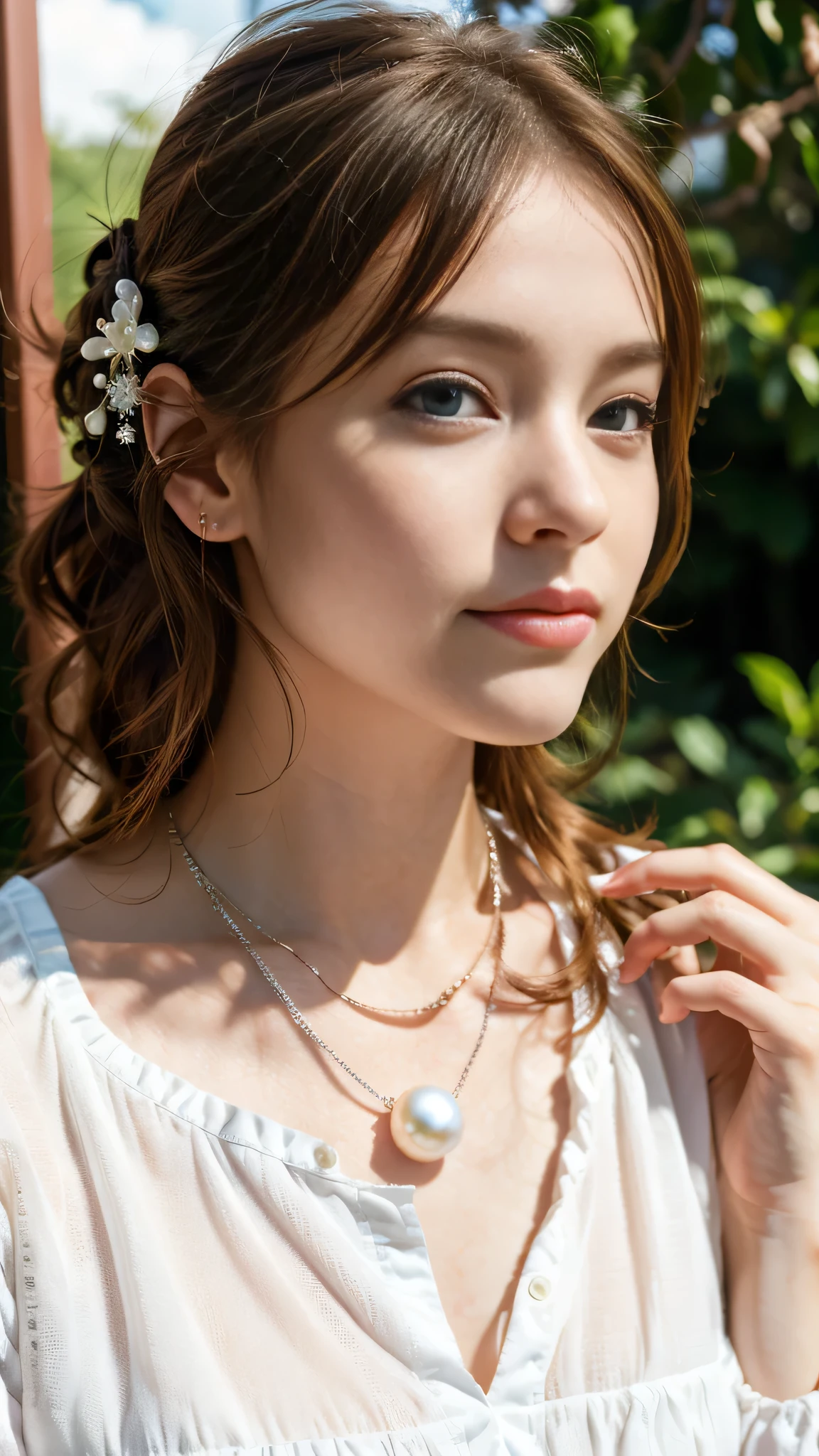 ロシアの美しい 28 歳の少女の顔の超genuineな写真,genuine、8k、 She has long wavy brown hair, blue eyes and freckles. she is smiling and looking at the camera.、she wears a pearl earring in her left ear、I wear a silver necklace around my neck..。. she has clear rosy skin, Her eyes and lips have soft makeup. she looks bright and confident. The depth of field in the photo is shallow, blur background、emphasize the face of a young girl。. Adjust the white balance、Achieving natural and soft light. ISO is lower to avoid noise、contrast, Saturation and sharpness are medium、genuineで写真的な効果をto be bornみ出します。. to be born,(masterpiece) (perfect proportions) (genuineな写真) 、(highest quality) 、(be familiar with)、(wallpaper) (cinematic lighting) (dramatic lighting) (sharp focus) (Complex), (close up of face), genuineな影, surgenuine.