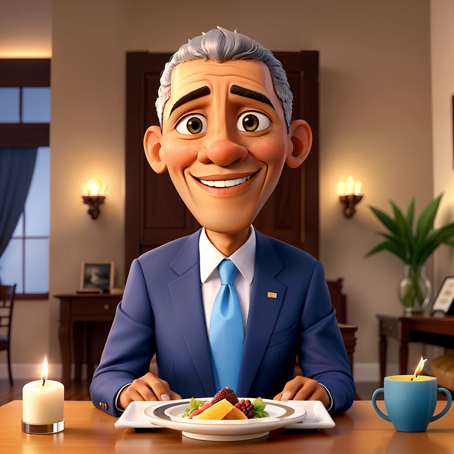 Imagem de alta qualidade do ex-presidente Obama sentado em uma mesa elegante, desfrutando de um prato de espaguete delicioso. He's wearing an impeccable suit and a bright blue tie., with a satisfied expression on his face. The environment is sophisticated, with lit candles and exquisite decoration around. The image perfectly portrays the relaxed moment and the enjoyment of a delicious meal by the former American leader.