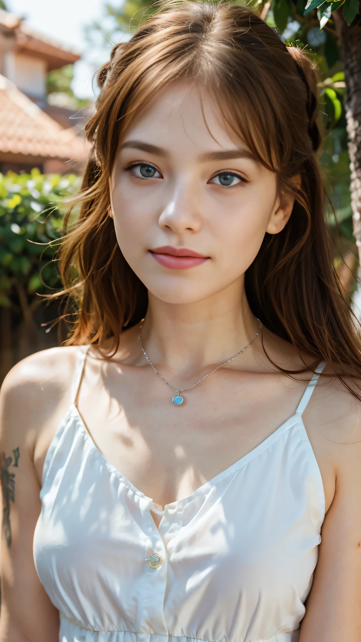 ロシアの美しい 28 歳の少女の顔の超genuineな写真,genuine、8k、 She has long wavy brown hair, blue eyes and freckles. she is smiling and looking at the camera.、she wears a pearl earring in her left ear、I wear a silver necklace around my neck..。. she has clear rosy skin, Her eyes and lips have soft makeup. she looks bright and confident. The depth of field in the photo is shallow, blur background、emphasize the face of a young girl。. Adjust the white balance、Achieving natural and soft light. ISO is lower to avoid noise、contrast, Saturation and sharpness are medium、genuineで写真的な効果をto be bornみ出します。.  to be born,(masterpiece) (perfect proportions) (genuineな写真) 、(highest quality) 、(be familiar with)、(wallpaper) (cinematic lighting) (dramatic lighting) (sharp focus) (Complex), (close up of face), genuineな影, surgenuine.