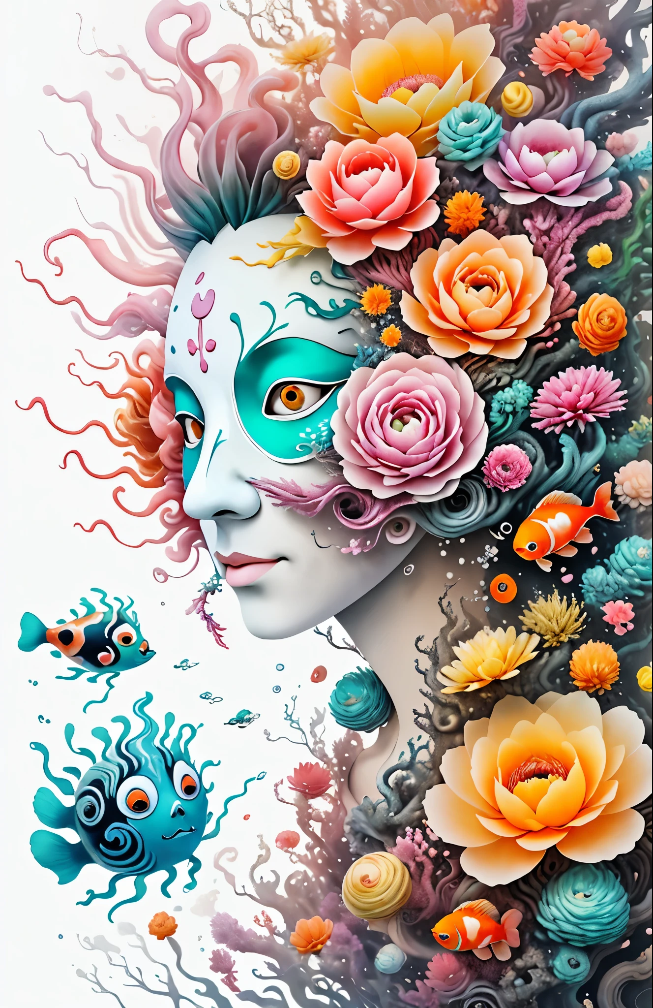 underwater，3d mask with various ordinary objects on it,Spiky blonde hair,texture, complex, Dreams bloom like flowers，Many flowers：1.37，Dead vines，old tree，bubble，clownfish，Gorgeous, shadow, pastel colors, 3d, mask, Very detailed, Deco, tim burton, Salvador dali, Cheng Xiaolong, Cyril Rolando, inspired by J. d. lasso, 3d stereoscopic，pop color style, Photo portrait surrounded by orbiting planetary satellites, green hair spiky hair, make me jealous, Mark Leyden, Alberto Seveso, creek shade, Anna dietman, Flora Bossi, 8k resolution, perfect composition,  texture, complicated, Gorgeous, shadow, pastel colors,mask， 3d, Very detailed, deco, tim burton, dale Chihuly, Xiaolongcheng, Cyril Rolando, by J. Jitter，Flower heads are empty，artwork，display stand，sculpture，Craftsmanship，artwork，