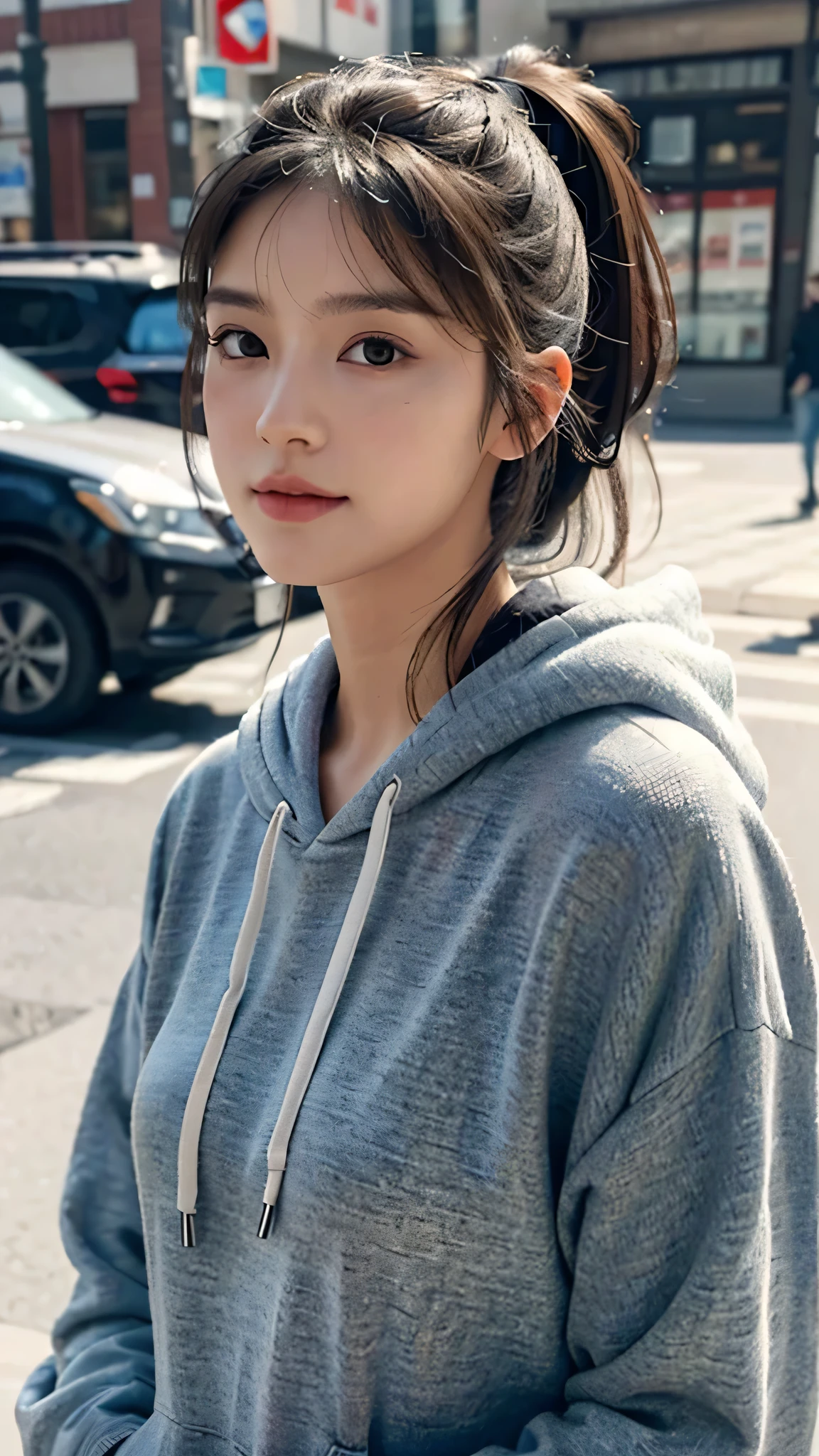 One woman,fully body photo,masutepiece, The highest image quality, High quality, the background is clear,Beautiful woman, Japanese, Detailed, Detailed eyes, Detailed skin, Beautiful skin, 超hight resolution, (reality: 1.4),Very beautiful woman, Slightly younger face, Beautiful skin, slender, (Ultra photo realsisim), (hight resolution), (8K), (Very detailed) (beautifully detailed eyes), (super detailed), (Detailed face), view the viewer, Fine details, Detailed face, Staring straight ahead, Staring straight ahead, photos realistic, Bright lighting, Professional Lighting, Black hair,poneyTail,a baby face,sixteen years old,Hairstyle is ponytail,long ponytail hairstyle,slight smile,neat and tidy clothing,European Streets,winter Clothing,snowing,wears a hoodie with a hood,