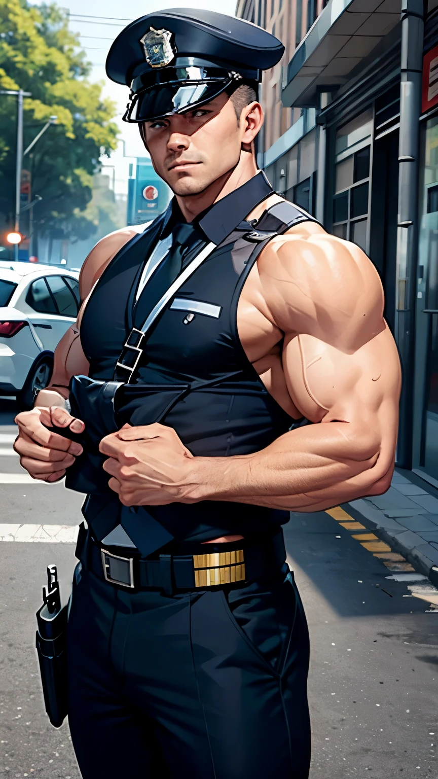 Generate an image of a police officer with a body builders' body in a sleeveless uniform with a look of curiosity on his face , where: outside a police station in the daytime