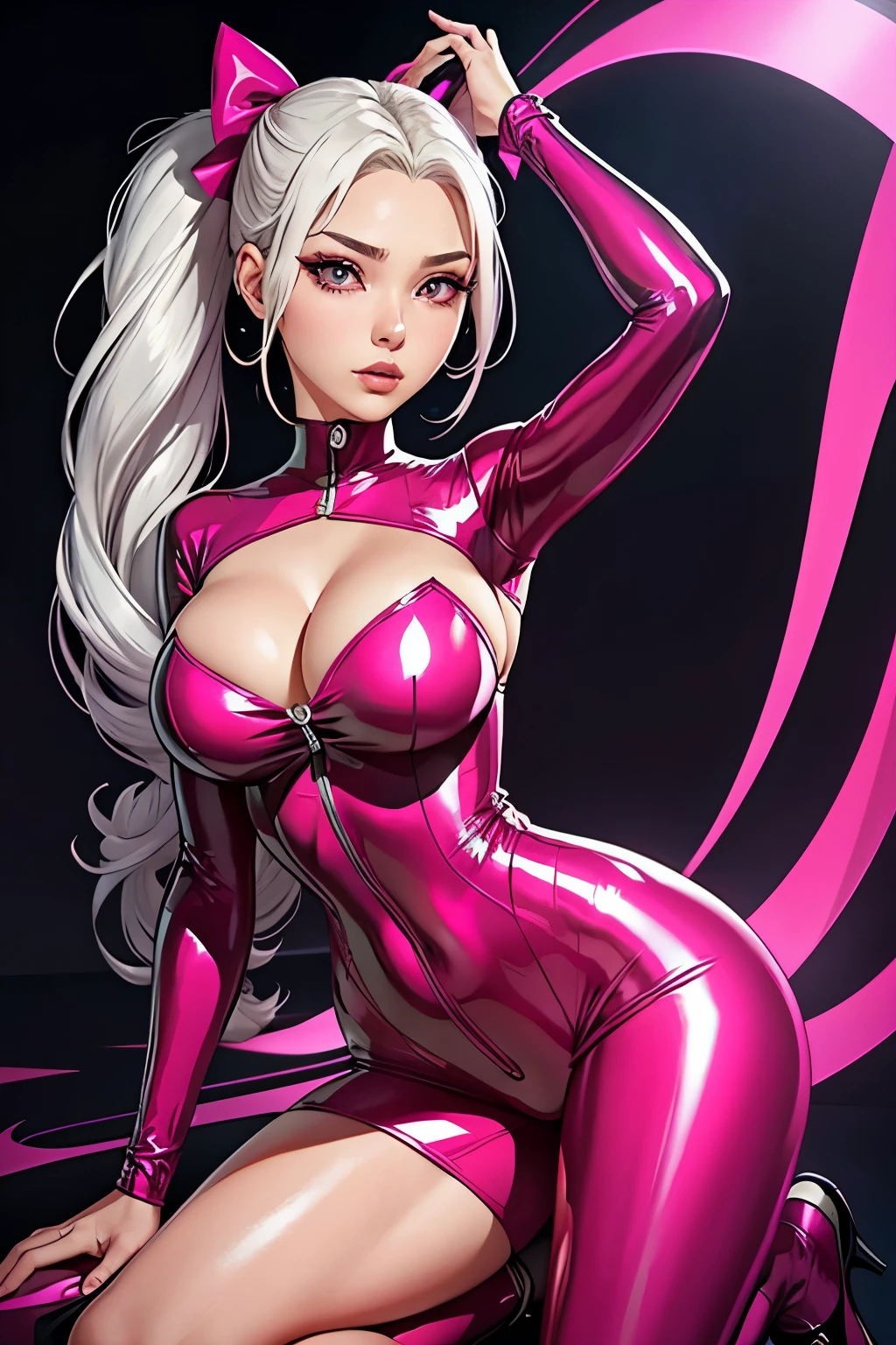 In this super high-resolution masterpiece, a stunning Kpop idol girl is portrayed wearing a pink bodysuit that hugs her slim figure. With puffy eyes and aegyo sal that add to her adorable charm, she captures the attention of the viewer with her double ponytails and striking features. The vibrant colors of her shiny clothes, combined with the allure of her latex onesie and rubber suit, create an enticing visual contrast. Her shoes, carefully designed to accentuate her slimness, complete the ensemble. 

With her cleavage subtly displayed, this idol exudes confidence and femininity. Her long, white hair flows elegantly, while her silver and gray strands add a touch of uniqueness to her appearance. The intensity of her red pupils,