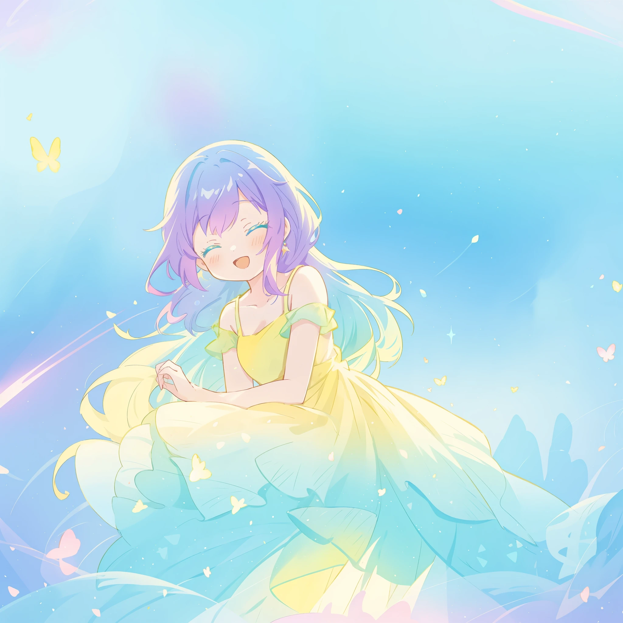 beautiful girl in yellow-mint gradient flowing dress, long flowing blue-purple hair, colorful fantasia background, watercolor illustration, (vibrant bright colors), disney art style, glowing aura around her, glowing lights, beautiful digital illustration, fantasia otherworldly, beautiful, masterpiece, best quality, anime disney style