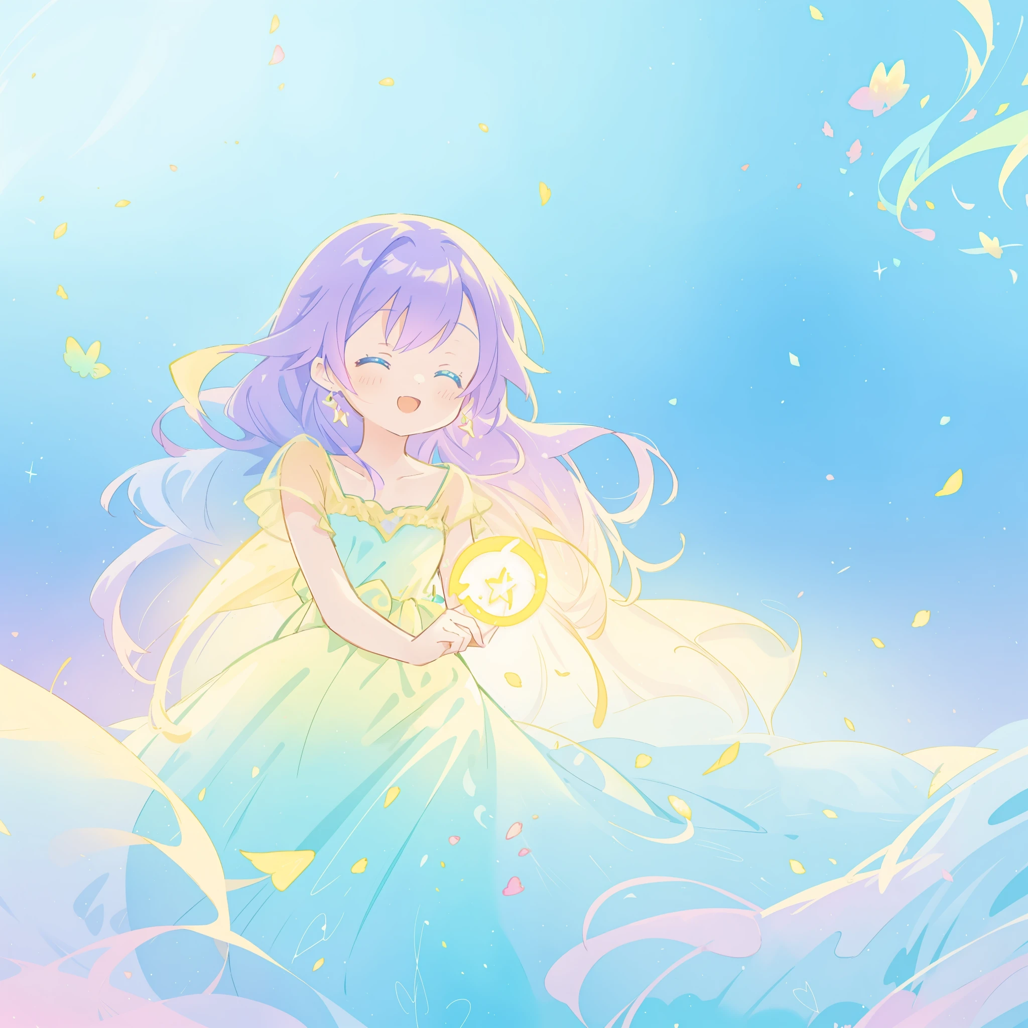 beautiful girl in yellow-mint gradient flowing dress, long flowing blue-purple hair, colorful fantasia background, watercolor illustration, (vibrant bright colors), disney art style, glowing aura around her, glowing lights, beautiful digital illustration, fantasia otherworldly, beautiful, masterpiece, best quality, anime disney style