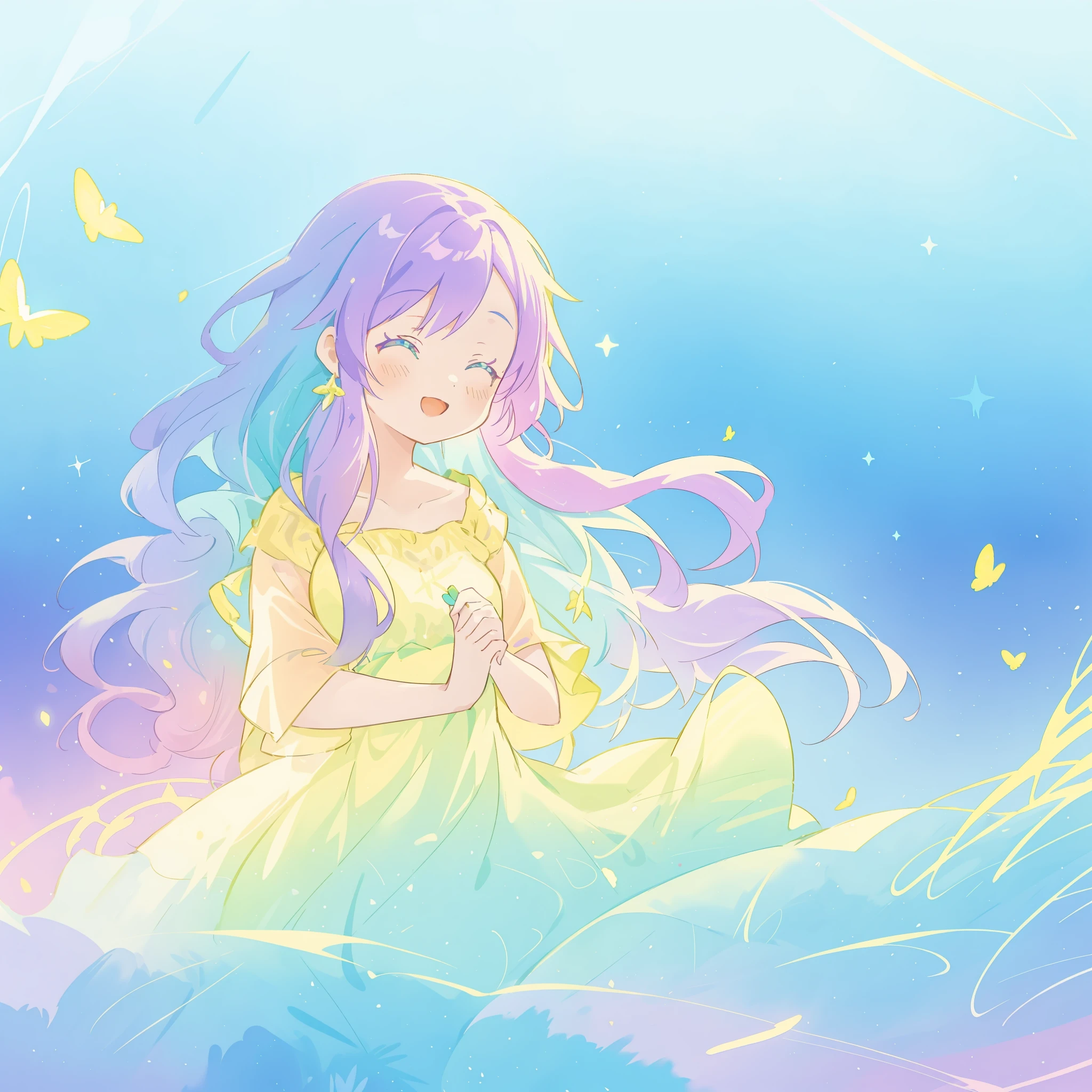 beautiful girl in yellow-mint gradient flowing dress, long flowing blue-purple hair, colorful fantasia background, watercolor illustration, (vibrant bright colors), disney art style, glowing aura around her, glowing lights, beautiful digital illustration, fantasia otherworldly, beautiful, masterpiece, best quality, anime disney style