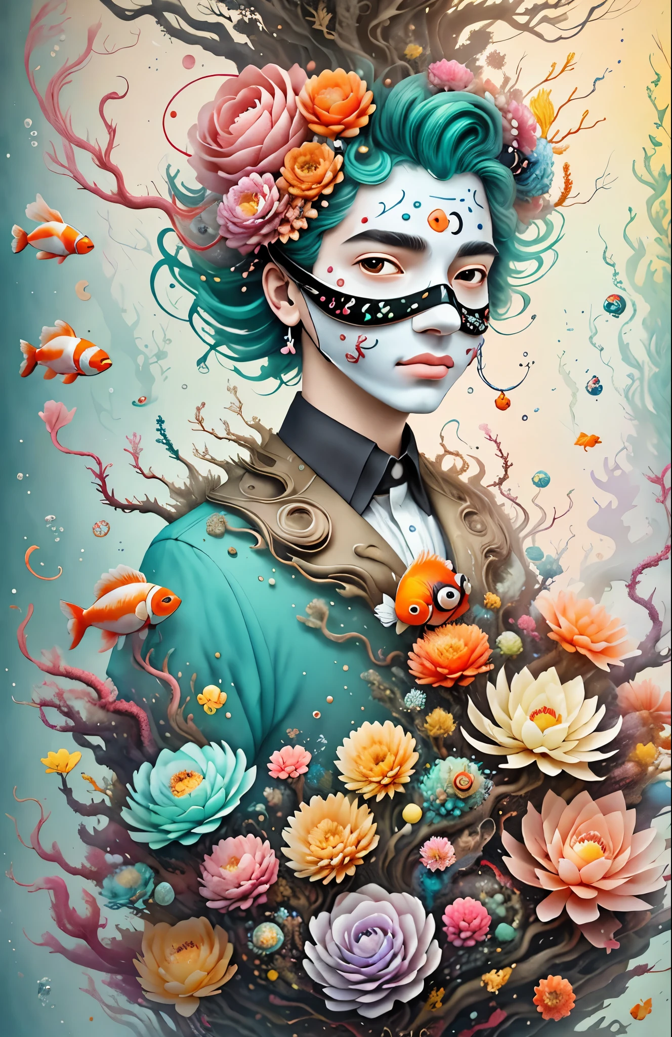 underwater，3d mask with various ordinary objects on it,Spiky blonde hair,texture, complex, Dreams bloom like flowers，Many flowers：1.37，Dead vines，old tree，bubble，clownfish，Gorgeous, shadow, pastel colors, 3d, mask, Very detailed, Deco, tim burton, Salvador dali, Cheng Xiaolong, Cyril Rolando, inspired by J. d. lasso, 3d stereoscopic，pop color style, Photo portrait surrounded by orbiting planetary satellites, green hair spiky hair, make me jealous, Mark Leyden, Alberto Seveso, creek shade, Anna dietman, Flora Bossi, 8k resolution, perfect composition,  texture, complicated, Gorgeous, shadow, pastel colors,mask， 3d, Very detailed, deco, tim burton, dale Chihuly, Xiaolongcheng, Cyril Rolando, by J. Jitter，Flower heads are empty，artwork，display stand，sculpture，Craftsmanship，artwork，