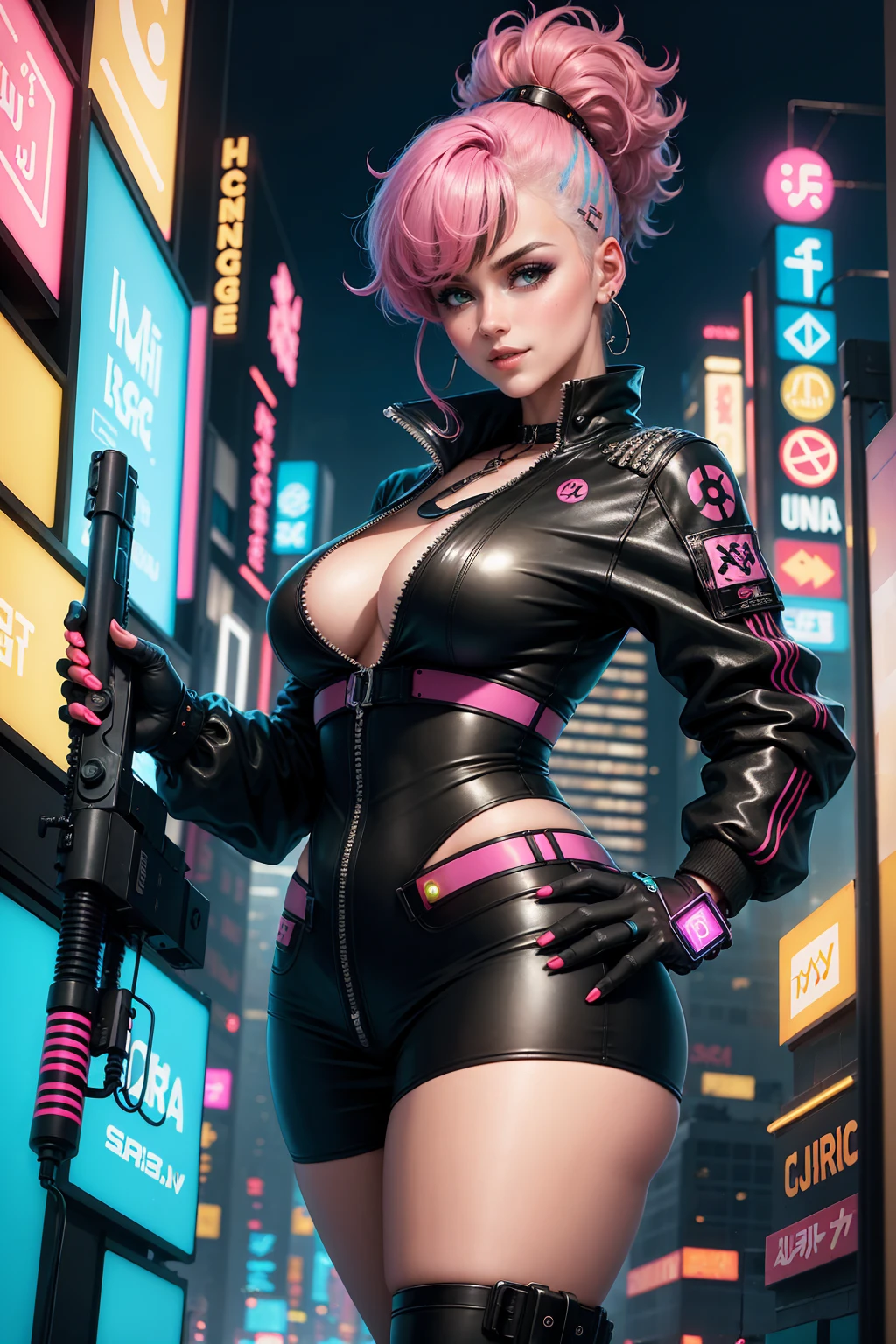 master part, melhor qualidade, ((sorridente)) Stefania Ferrario garota cyberpunk juntas, Arreio corporal cyberpunk inspirado em Harajuku, holding a big stylized pen like a modern gun, bold colors and patterns, Attractive accessories, penteado moderno e inovador, deslumbrante paisagem urbana de Cyberpunk, highrise, bright neon signs, luzes led, anime illustration, Textura detalhada da pele, textura de pano detalhada, Rosto bonito e detalhado, detalhes intrincados, ultra detalhado, Cinematic lighting, Contraste forte.