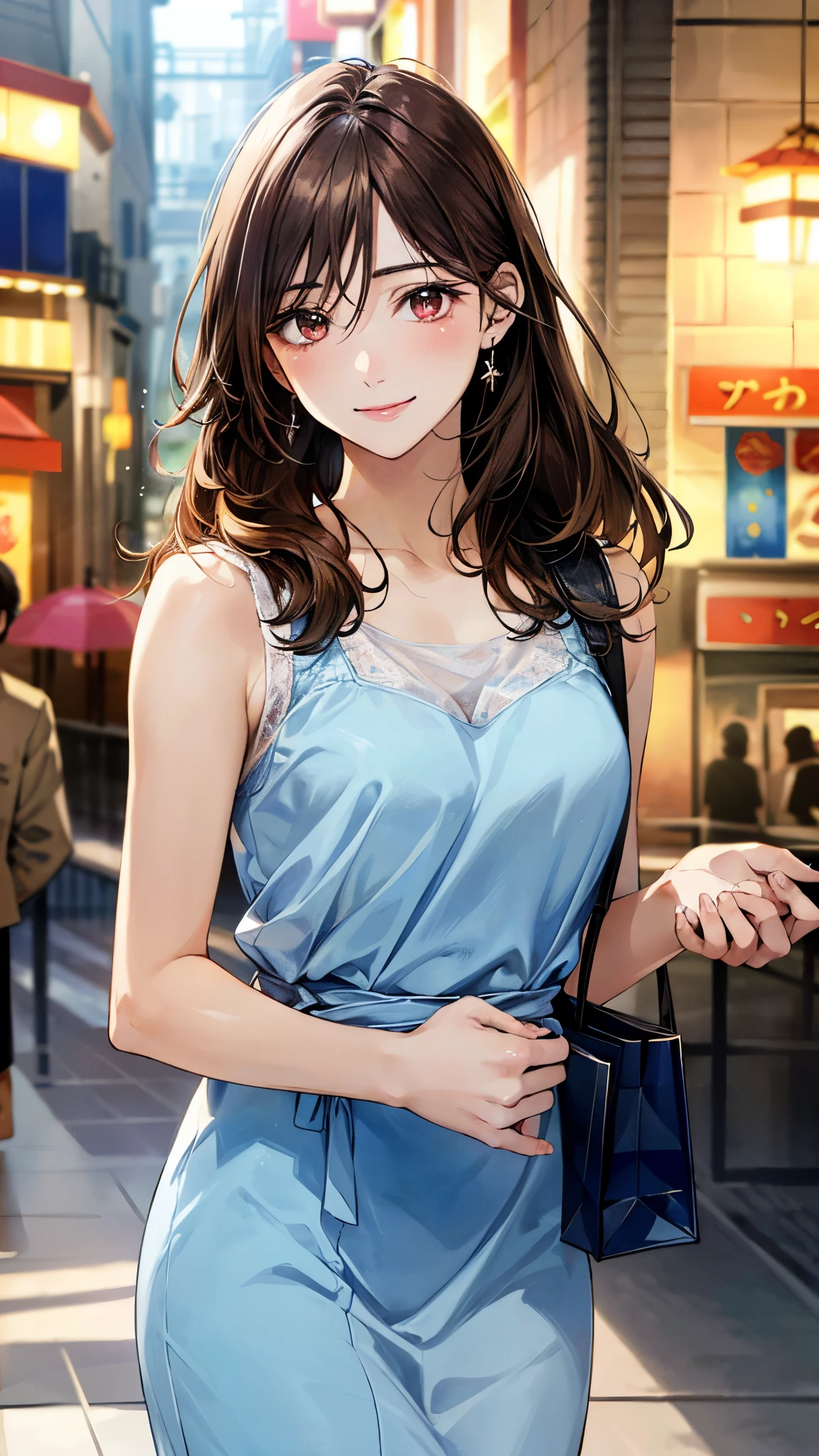 (masterpiece:1.2, top-quality, ultra high res, ultra detailed), (realistic, photorealistic:1.4), beautiful illustration, (natural side lighting, movie lighting), 
looking at viewer, 1 girl, japanese, high school girl, perfect face, (perfect anatomy), cute and symmetrical face, shiny skin, slender, 
(long hair, half updo, light brown hair), hair between eyes, swept bangs, brown eyes, drooping eyes, big eyes, long eye lasher, (medium breasts), 
beautiful hair, beautiful face, beautiful detailed eyes, beautiful clavicle, beautiful body, beautiful chest, beautiful thigh, beautiful legs, 
((light blue dress, pink hand bag)), 
(beautiful scenery), depth of field, morning, (shopping mall), standing, (smile),