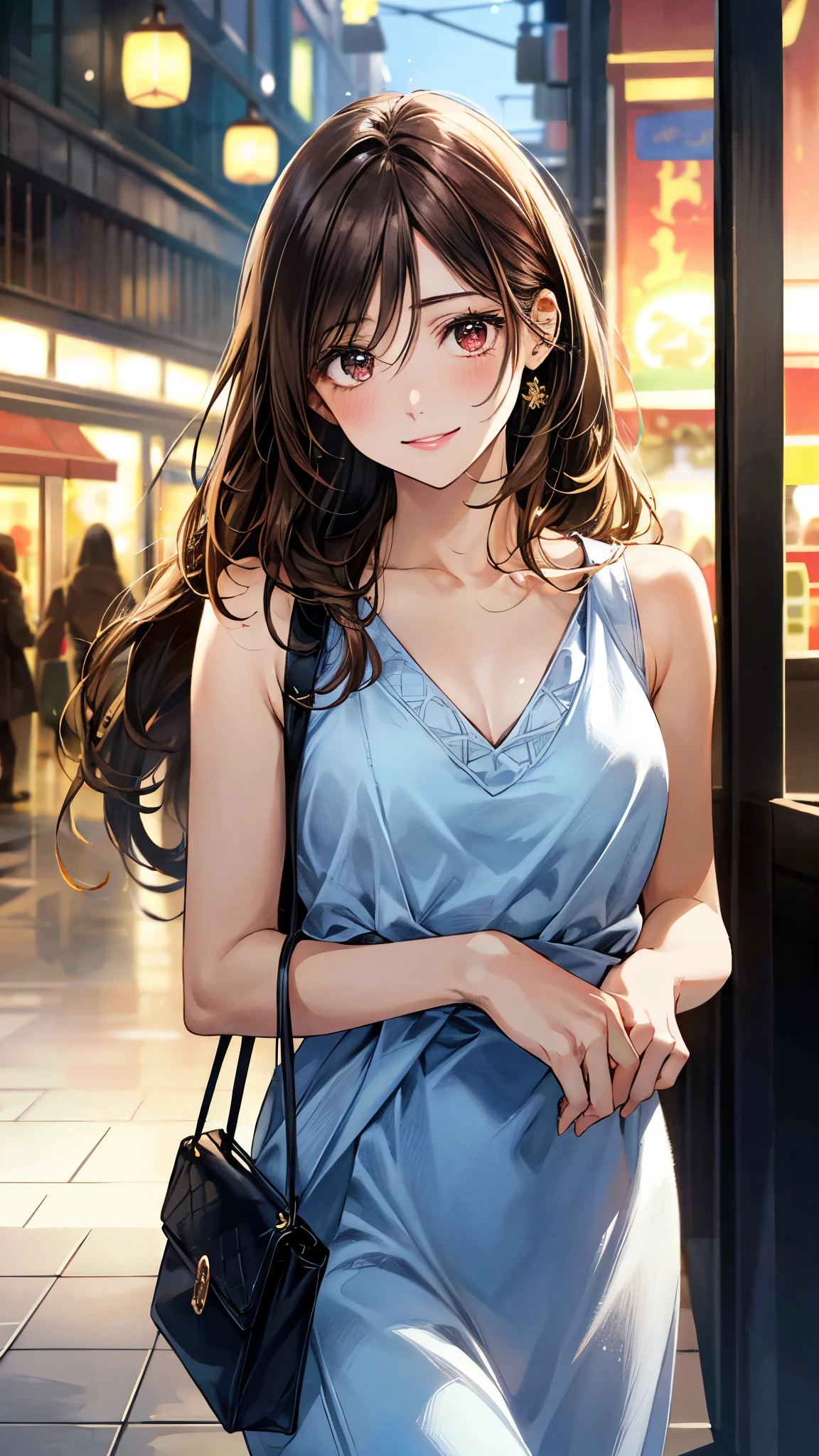 (masterpiece:1.2, top-quality, ultra high res, ultra detailed), (realistic, photorealistic:1.4), beautiful illustration, (natural side lighting, movie lighting),
looking at viewer, 1 girl, japanese, high school girl, perfect face, (perfect anatomy), cute and symmetrical face, shiny skin, slender,
(long hair, half updo, light brown hair), hair between eyes, swept bangs, brown eyes, drooping eyes, big eyes, long eye lasher, (medium breasts),
beautiful hair, beautiful face, beautiful detailed eyes, beautiful clavicle, beautiful body, beautiful chest, beautiful thigh, beautiful legs,
((light blue dress, pink hand bag)),
(beautiful scenery), depth of field, morning, (shopping mall), standing, (smile),