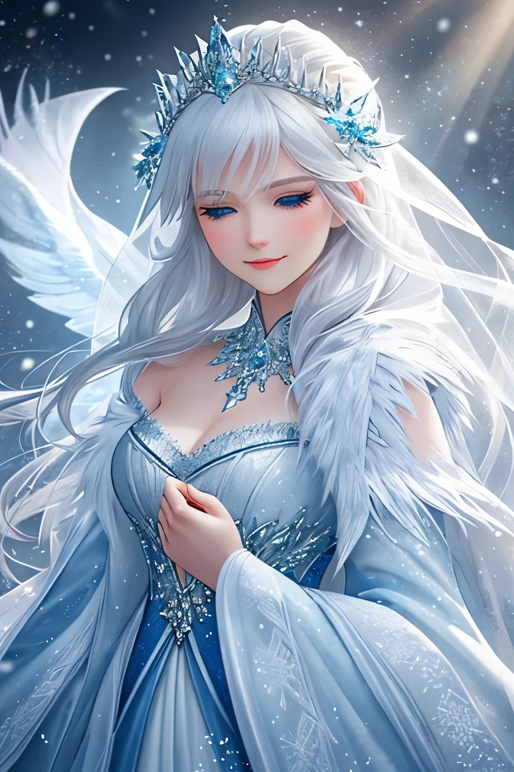 I will create a breathtaking digital artwork of the Snow Queen, ensuring it meets your specifications for a high-resolution masterpiece. This stunning image will showcase a full-length portrait of the Snow Queen, capturing her majestic presence in intricate detail and unparalleled clarity. The Snow Queen will exude an otherworldly beauty, radiating an air of serenity with a slight, enigmatic smile gracing her lips.

To emphasize the Snow Queen's ethereal charm, the lighting will gently illuminate her face from the front, casting a soft glow that accentuates the intricacies of her exquisite attire and accessories. Every delicate feature, from the fine craftsmanship of her garments to the ornate embellishments, will be meticulously rendered to maintain the highest level of realism and top image quality