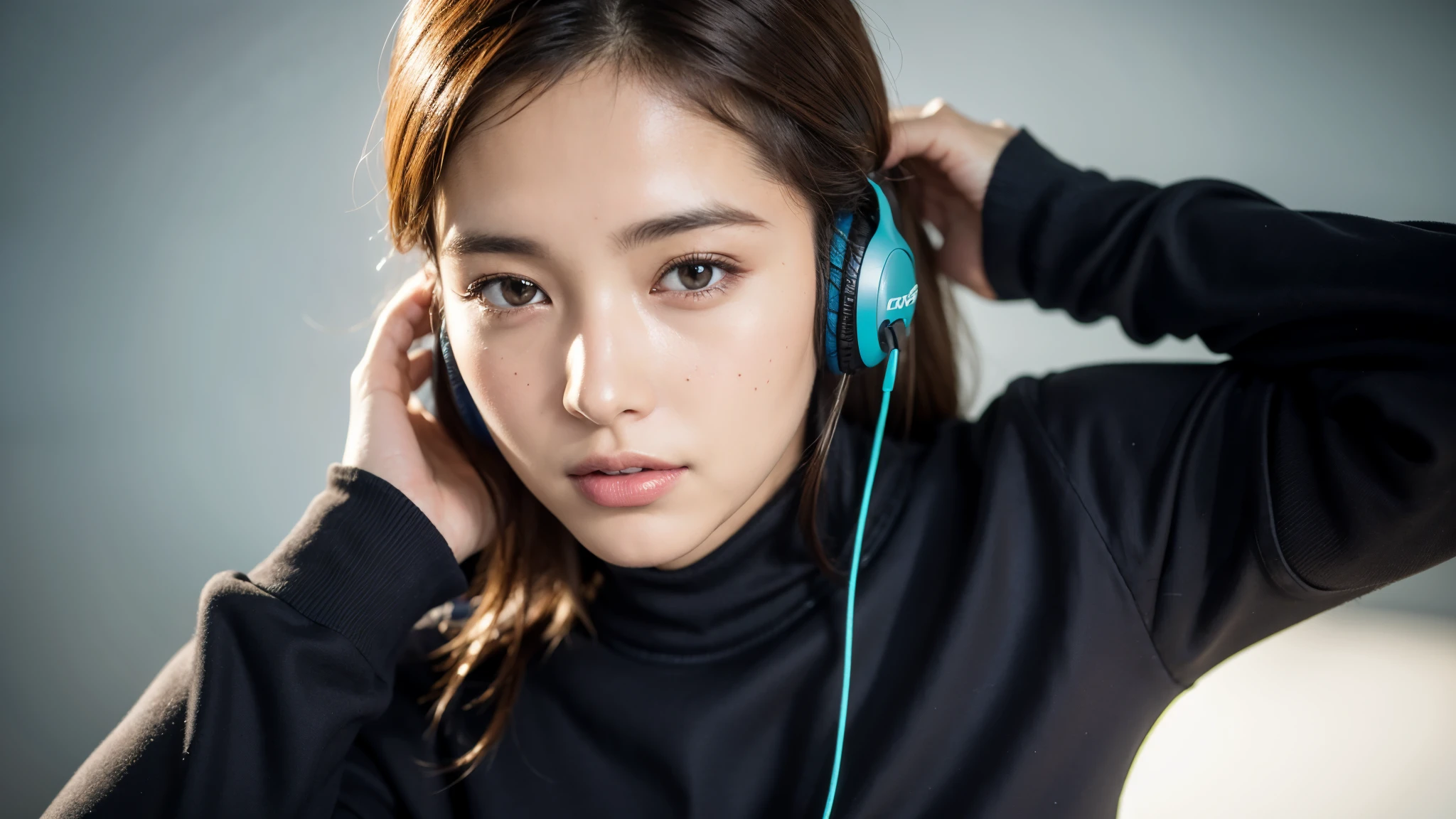 dressed, (photo realistic:1.4), (hyper realistic:1.4), (realistic:1.3), (smoother lighting:1.05), (increase cinematic lighting quality:0.9), 32K, 1girl,20yo girl, realistic lighting, backlighting, light on face, ray trace, (brightening light:1.2), (Increase quality:1.4), (best quality real texture skin:1.4), finely detailed eyes, finely detailed face, finely quality eyes, (tired and sleepy and satisfied:0.0), face closeup, t-shirts with headphones, (Increase body line mood:1.1), (Increase skin texture beauty:1.1)