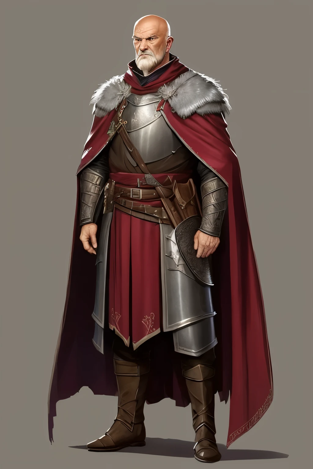 dungeons and dragons full body simple character concept digital of a old man with a cloak, sheathed sword, 90 years old, bald, fur coat, medieval coat, old man, wrinkles, a human male paladin, Robb Stark, eftir Ásgrím Jónsson, wearing intricate leather armor, male paladin, wearing heavy armor with cloak, wearing leather armor, ( ( concept art of the character ) ), Cushart Krenz