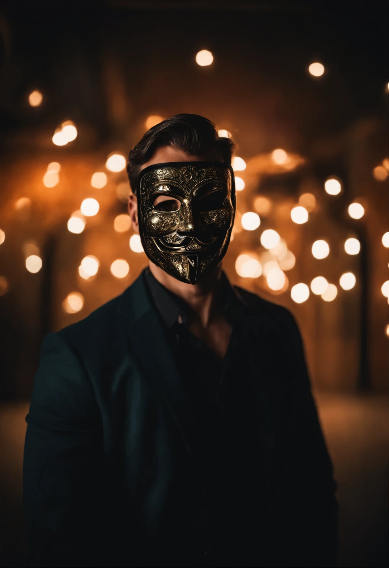 Portrait of a man with cinematic lights, who is wearing a mask that only covers half of his face. With a serious smile on his face and the mask with a smile that represents falsehood and deceit.