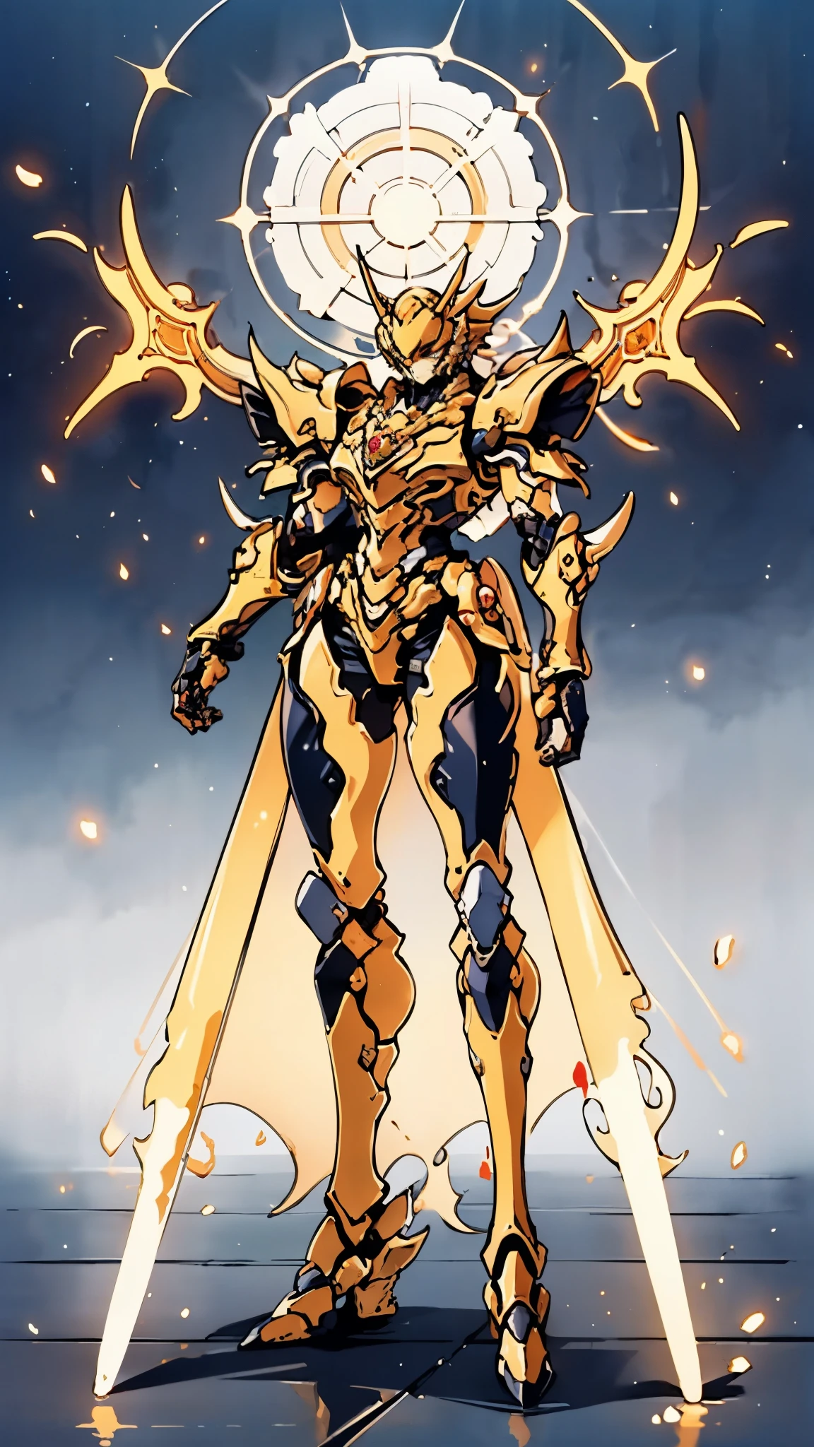 A woman adorned in fantasy-style full-body armor, a crown-concept fully enclosed helmet that unveils only her eyes, a composite layered chest plate, fully encompassing shoulder and hand guards, a lightweight waist armor, form-fitting shin guards, the overall design is heavy-duty yet flexible, ((the armor gleams with a golden glow, complemented by red and blue accents)), exhibiting a noble aura, she floats above a fantasy-surreal high-tech city, this character embodies a finely crafted fantasy-surreal style armored hero in anime style, exquisite and mature manga art style, (Queen bee mixed with Spider concept Armor, plasma, blood), ((Element, energy, elegant, goddess, femminine:1.5)), metallic, high definition, best quality, highres, ultra-detailed, ultra-fine painting, extremely delicate, professional, anatomically correct, symmetrical face, extremely detailed eyes and face, high quality eyes, creativity, RAW photo, UHD, 32k, Natural light, cinematic lighting, masterpiece-anatomy-perfect, masterpiece:1.5