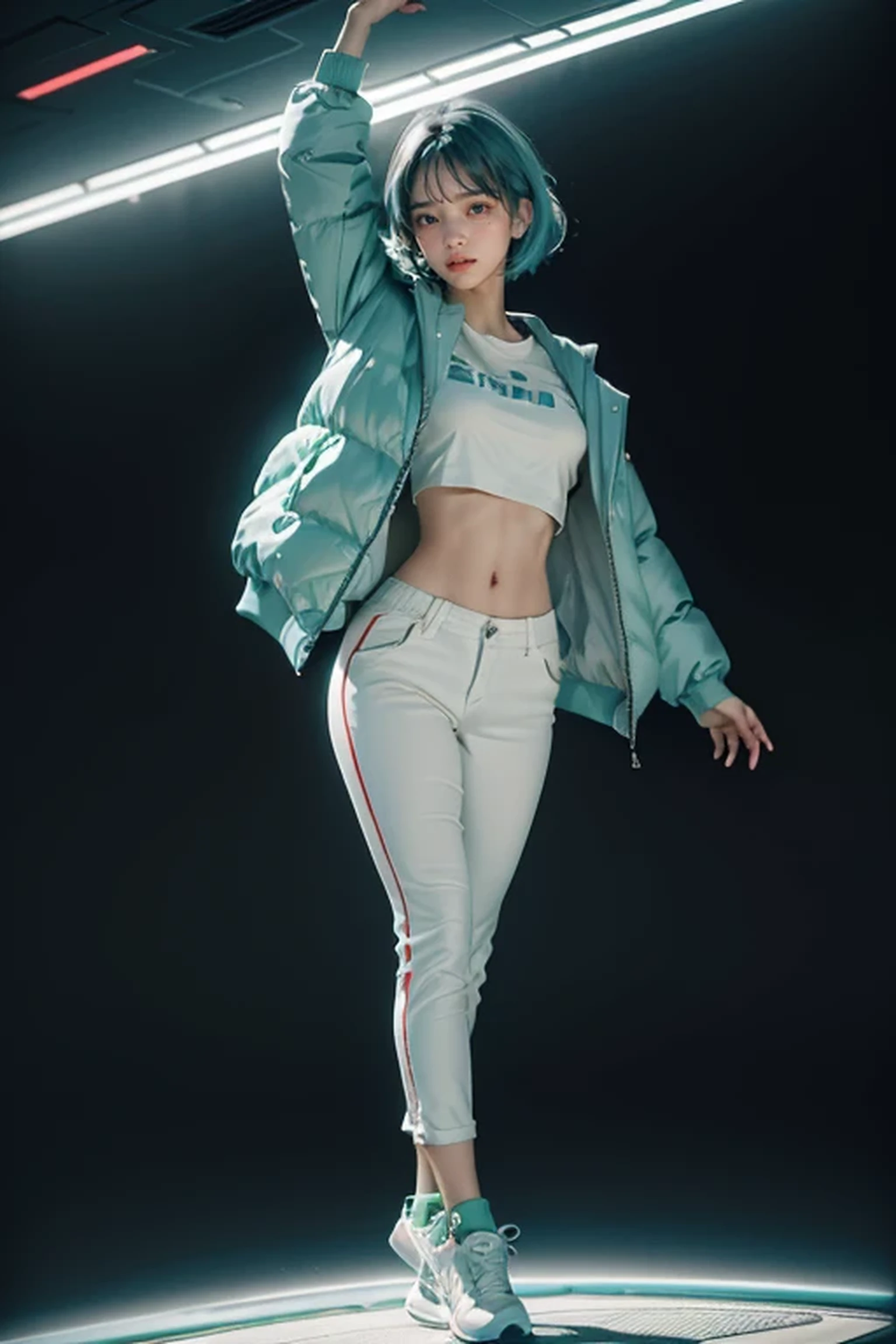 (1 beautiful girl:1.1), (mint blue hair:1.1),(bob cut hair:1.1), (dull bangs), (narrow your eyes), (joy:1.2), (smile:1.2), (live mint blue down jacket:1.4), 18-year-old, (white t-shirt), (White sportswear pants lint blue sneakers, futuristic cyberpunk style, (dynamic dancing:1.2), (dynamic aerial photography), (whole body:1.1), (ultra futuristic during daytime), ((Bright and colorful different space))