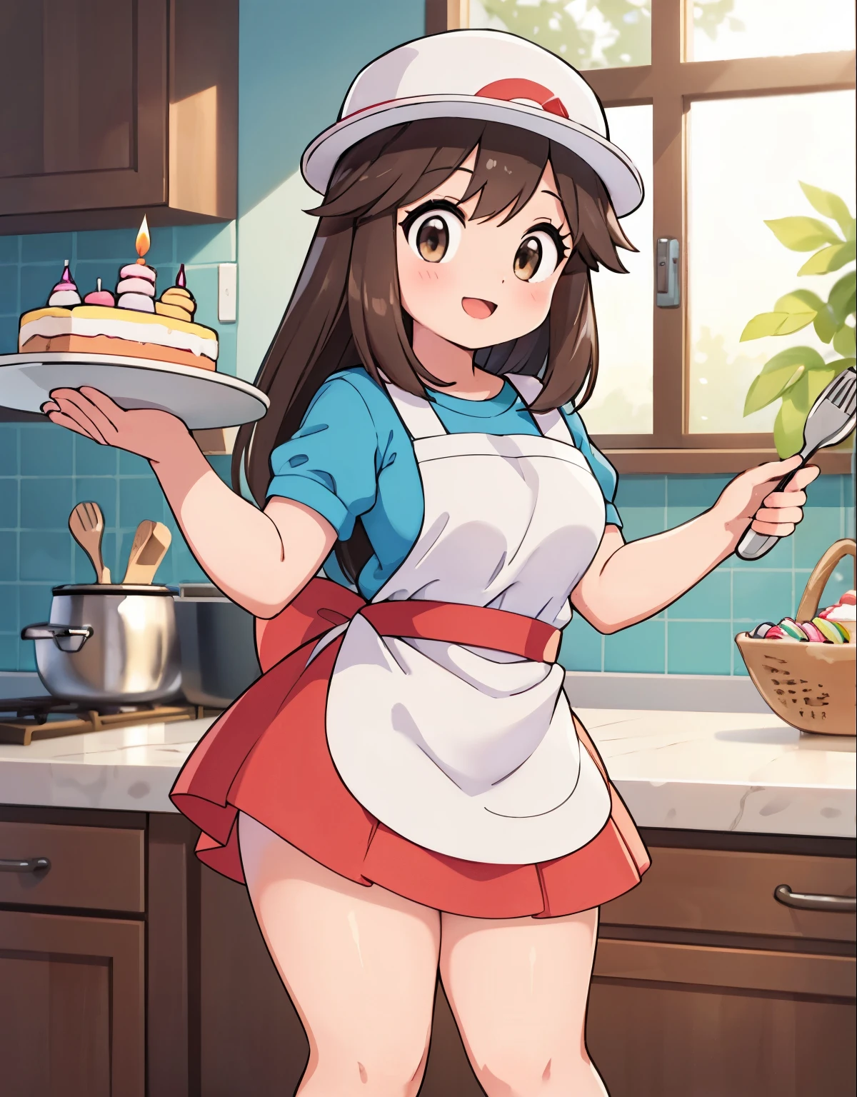 (best quality,4k,8k,highres,masterpiece:1.2), ultra-detailed, realistic:1.37, HDR, studio lighting, vivid colors, bokeh, baking, happy girl, pokemon leaf, visible thighs, red skirt, blue shirt, brown eyes, loose socks, white footwear, upskirt, pink panties, body shape, chubby thighs, thick thighs, detailed eyes, detailed lips, long eyelashes, girl in the kitchen, birthday cake, joyful atmosphere, colorful ingredients, homemade, delicious aroma, organized kitchen, baking tools, beautiful apron, flour-covered hands, whisking batter, creamy frosting, sprinkles, birthday decorations, candles, baking tray, oven, chef's hat, baking thermometer, well-decorated cake, celebration, happiness