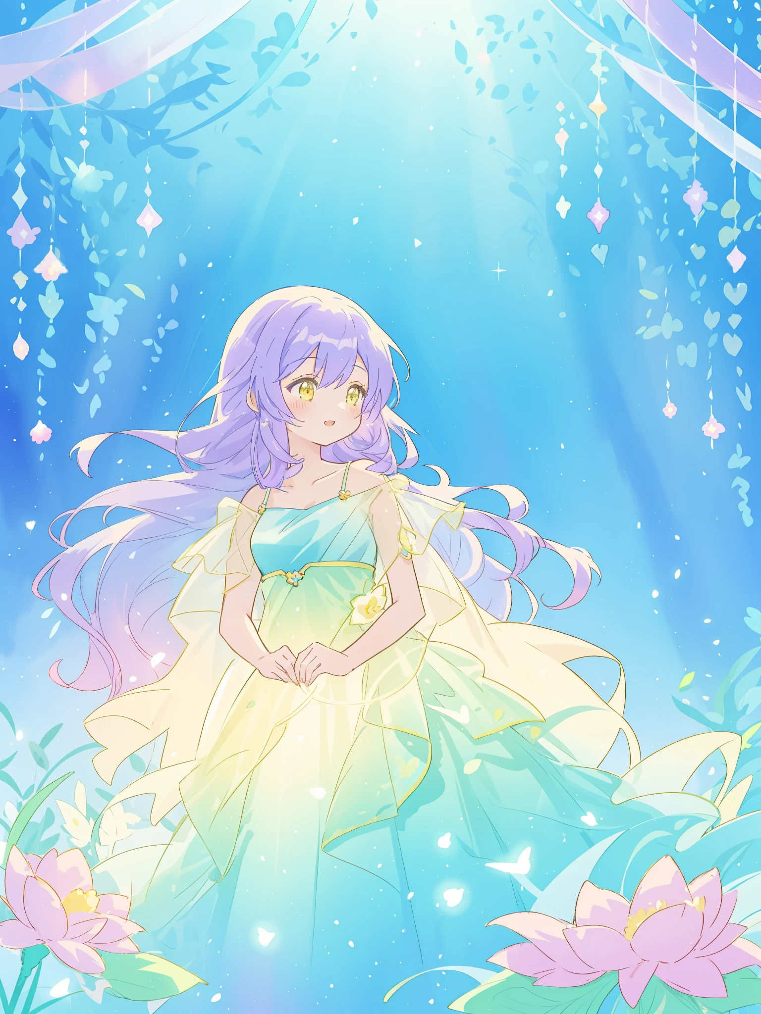 beautiful girl in yellow mint gradient flowing dress, long flowing blue-purple hair, colorful fantasia background, watercolor illustration, disney art style, glowing aura around her, glowing lights, beautiful digital illustration, fantasia otherworldly landscape plants flowers, beautiful, masterpiece, best quality, anime disney style