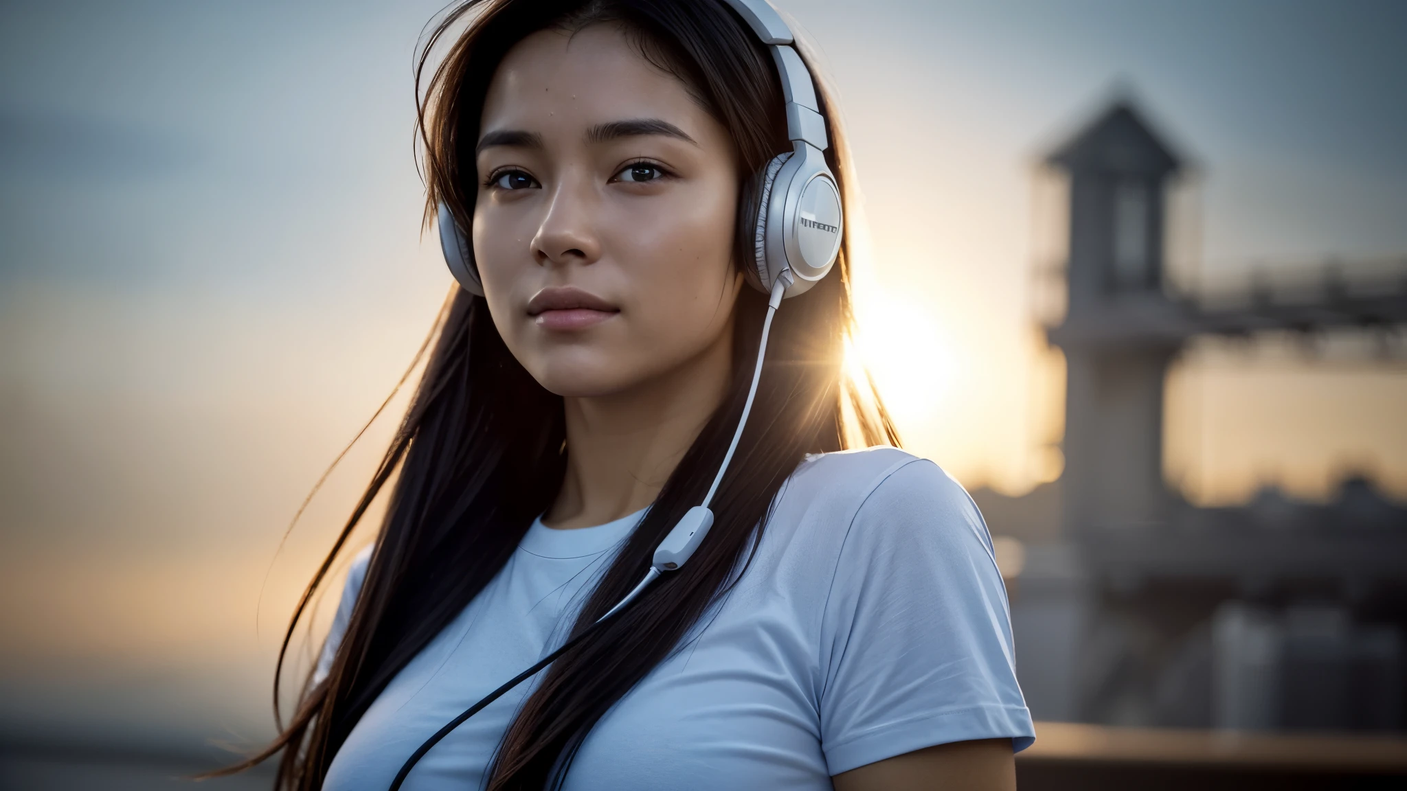 dressed, (photo realistic:1.4), (hyper realistic:1.4), (realistic:1.3), (smoother lighting:1.05), (increase cinematic lighting quality:0.9), 32K, 1girl,20yo girl, realistic lighting, backlighting, light on the face, ray trace, (brightening light:1.2), (Increase quality:1.4), (best quality real texture skin:1.4), finely detailed eyes, finely detailed happy face, finely quality eyes, (tired and sleepy and satisfied:0.0), face closeup, t-shirts with headphones, (Increase body line mood:1.1), (Increase skin texture beauty:1.1)