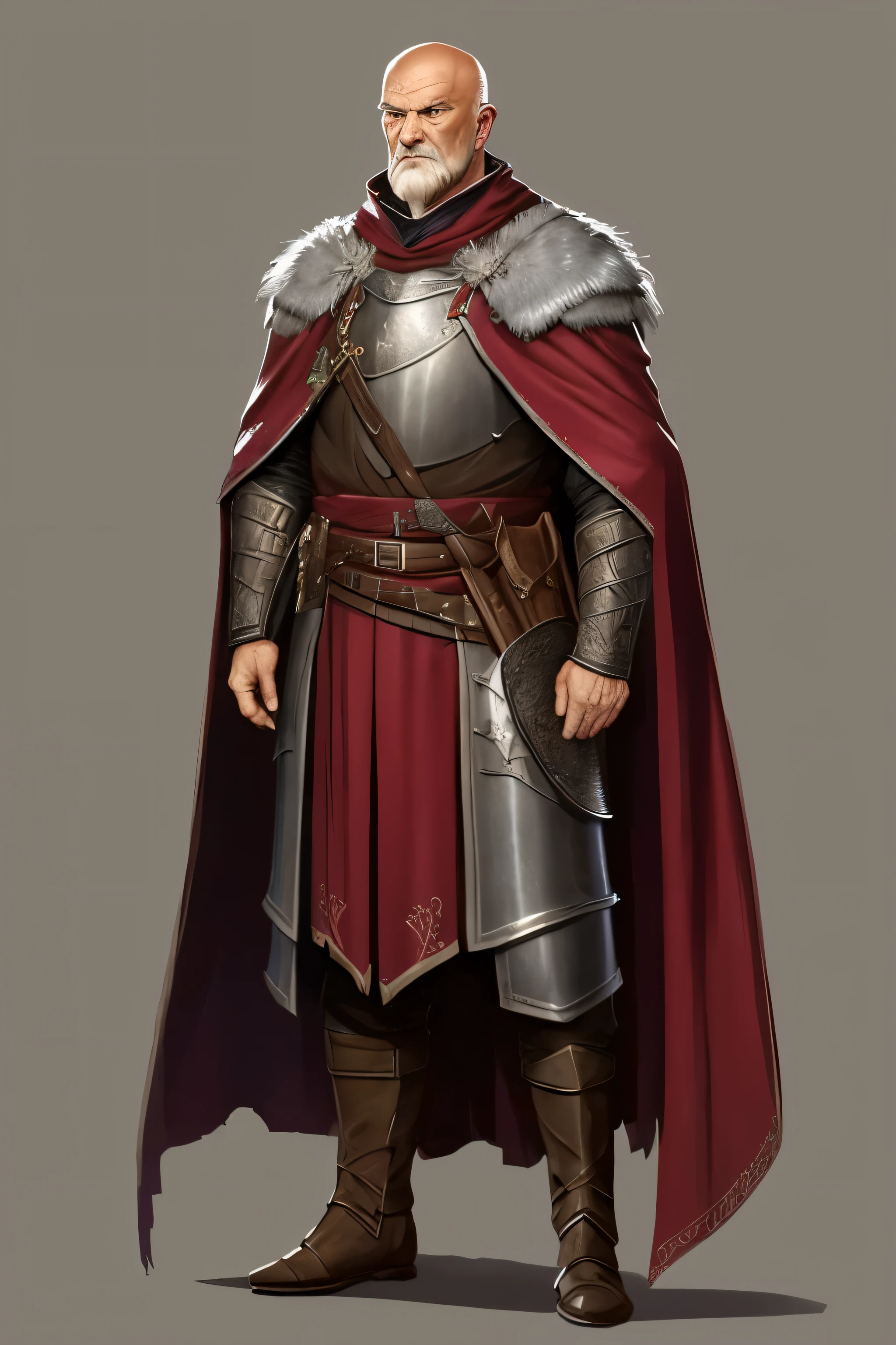 dungeons and dragons full body simple character concept digital of a anciano with a cloak, Espada envainada, 90 years, calvo, abrigo de piel, abrigo medieval, anciano, arrugas, a human male paladin, Robb Stark, por Ásgrím Jónsson, vistiendo una intrincada armadura de cuero, male paladin, vistiendo una armadura pesada con capa, usando armadura de cuero, ( ( Arte conceptual del personaje ) ), Cushart Krenz