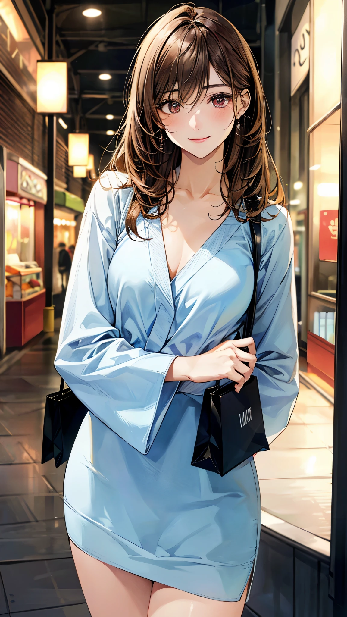 (masterpiece:1.2, top-quality, ultra high res, ultra detailed), (realistic, photorealistic:1.4), beautiful illustration, (natural side lighting, movie lighting), 
looking at viewer, 1 girl, japanese, high school girl, perfect face, (perfect anatomy), cute and symmetrical face, shiny skin, slender, 
(long hair:1.5, half updo:1.4, light brown hair), hair between eyes, swept bangs, brown eyes, drooping eyes, big eyes, long eye lasher, (medium breasts), 
beautiful hair, beautiful face, beautiful detailed eyes, beautiful clavicle, beautiful body, beautiful chest, beautiful thigh, beautiful legs, 
((light blue long sleeve dress, pink hand bag)), 
(beautiful scenery), depth of field, morning, (shopping mall), standing, (smile),