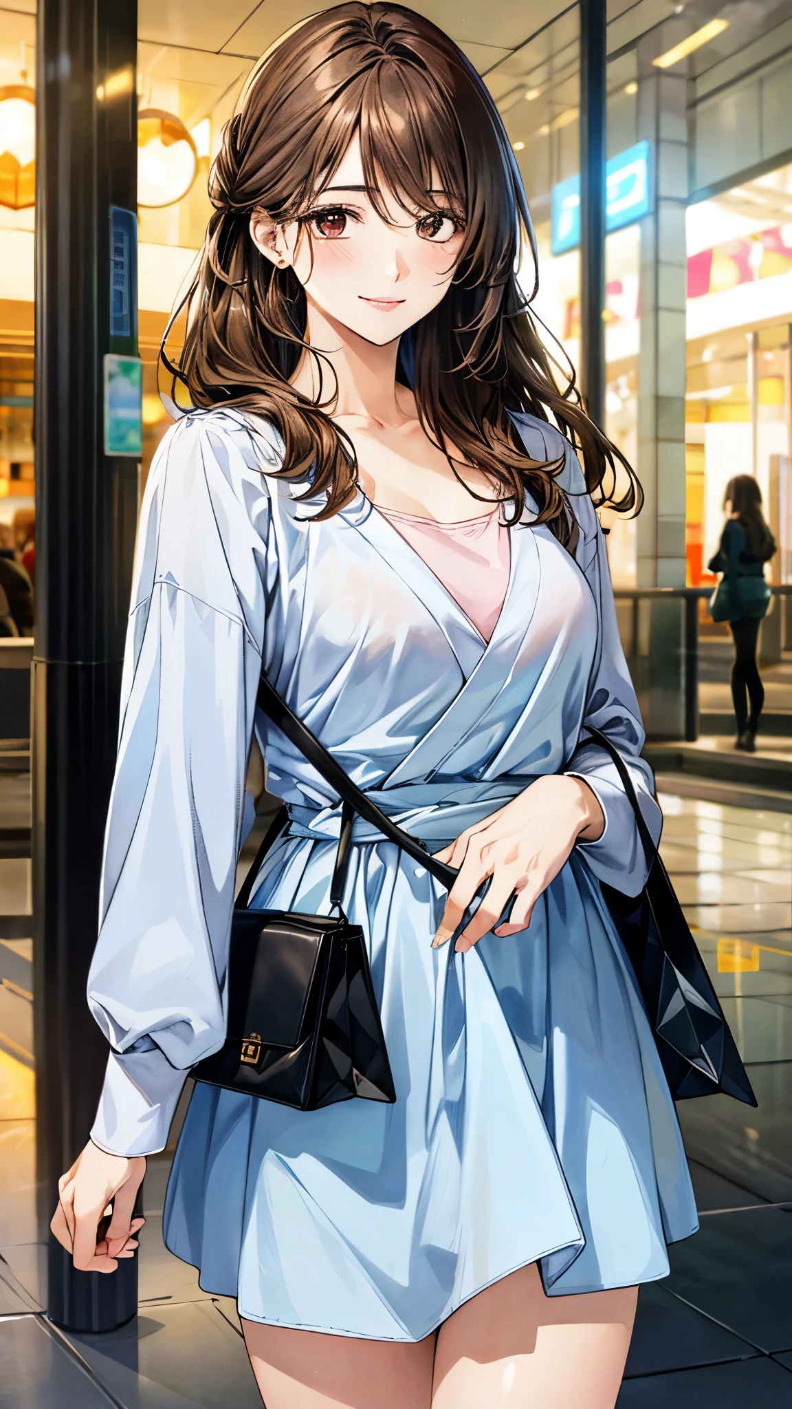 (masterpiece:1.2, top-quality, ultra high res, ultra detailed), (realistic, photorealistic:1.4), beautiful illustration, (natural side lighting, movie lighting),
looking at viewer, 1 girl, japanese, high school girl, perfect face, (perfect anatomy), cute and symmetrical face, shiny skin, slender,
(long hair:1.5, half updo:1.4, light brown hair), hair between eyes, swept bangs, brown eyes, drooping eyes, big eyes, long eye lasher, (medium breasts),
beautiful hair, beautiful face, beautiful detailed eyes, beautiful clavicle, beautiful body, beautiful chest, beautiful thigh, beautiful legs,
((light blue long sleeve dress, pink hand bag)),
(beautiful scenery), depth of field, morning, (shopping mall), standing, (smile),