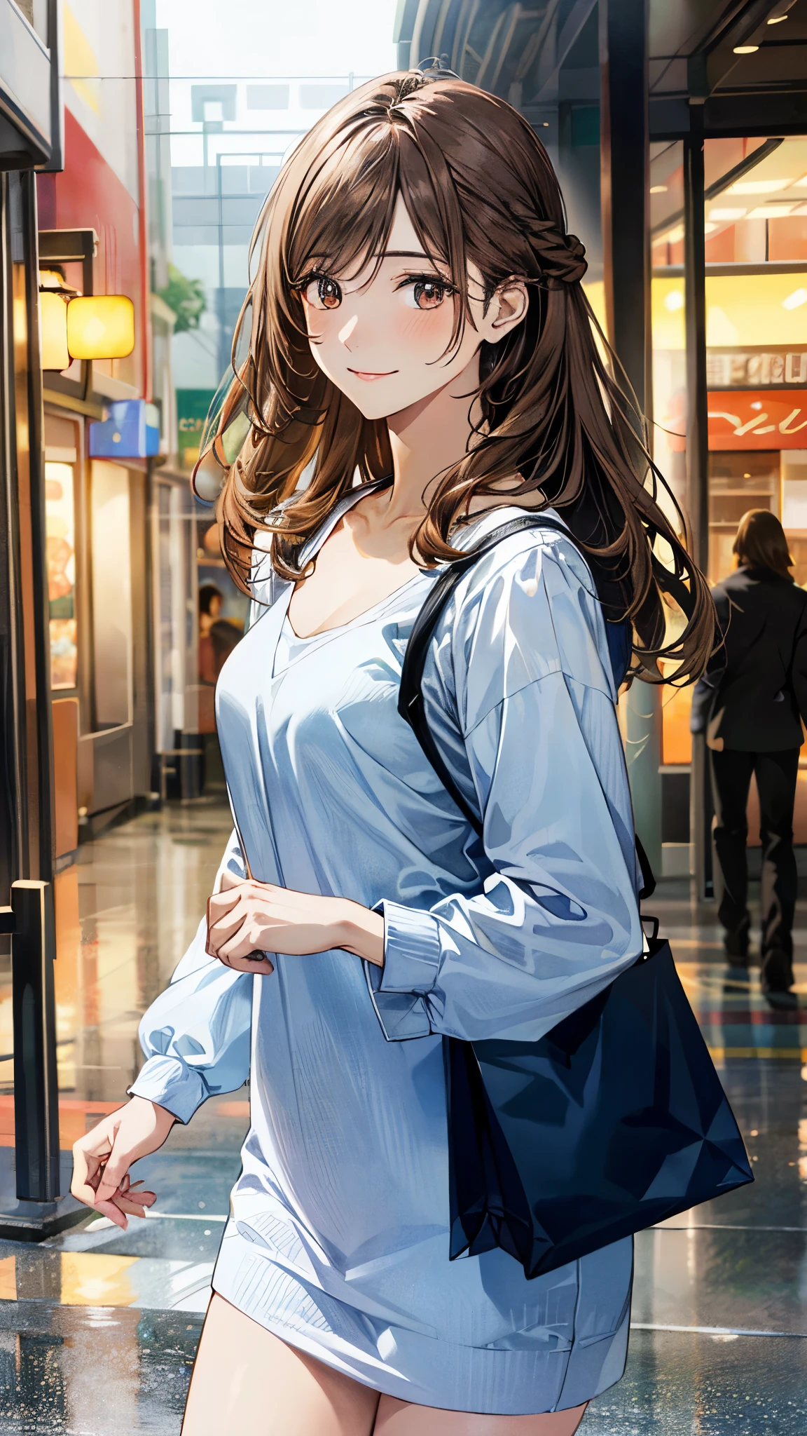 (masterpiece:1.2, top-quality, ultra high res, ultra detailed), (realistic, photorealistic:1.4), beautiful illustration, (natural side lighting, movie lighting),
looking at viewer, 1 girl, japanese, high school girl, perfect face, (perfect anatomy), cute and symmetrical face, shiny skin, slender,
(long hair:1.5, half updo:1.4, light brown hair), hair between eyes, swept bangs, brown eyes, drooping eyes, big eyes, long eye lasher, (medium breasts),
beautiful hair, beautiful face, beautiful detailed eyes, beautiful clavicle, beautiful body, beautiful chest, beautiful thigh, beautiful legs,
((light blue long sleeve dress, pink hand bag)),
(beautiful scenery), depth of field, morning, (shopping mall), standing, (smile),