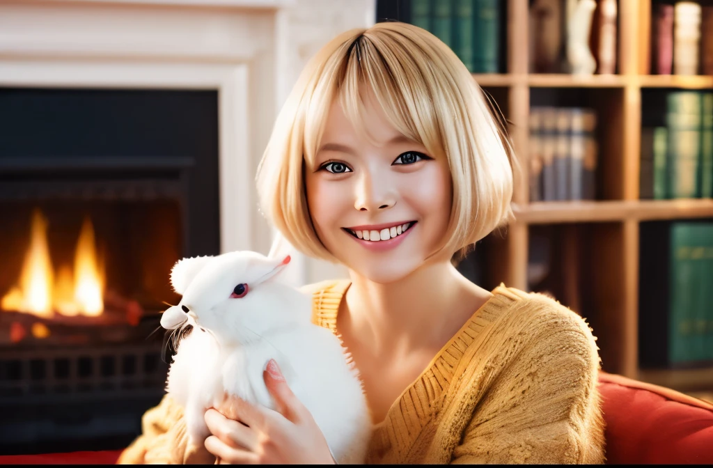 masterpiece、highest quality、little  holding a fluffy rabbit、There&#39;s a fire in the fireplace、sitting on a sofa in a warm room、blonde girl、Fluffy short hair、Smiling happily
