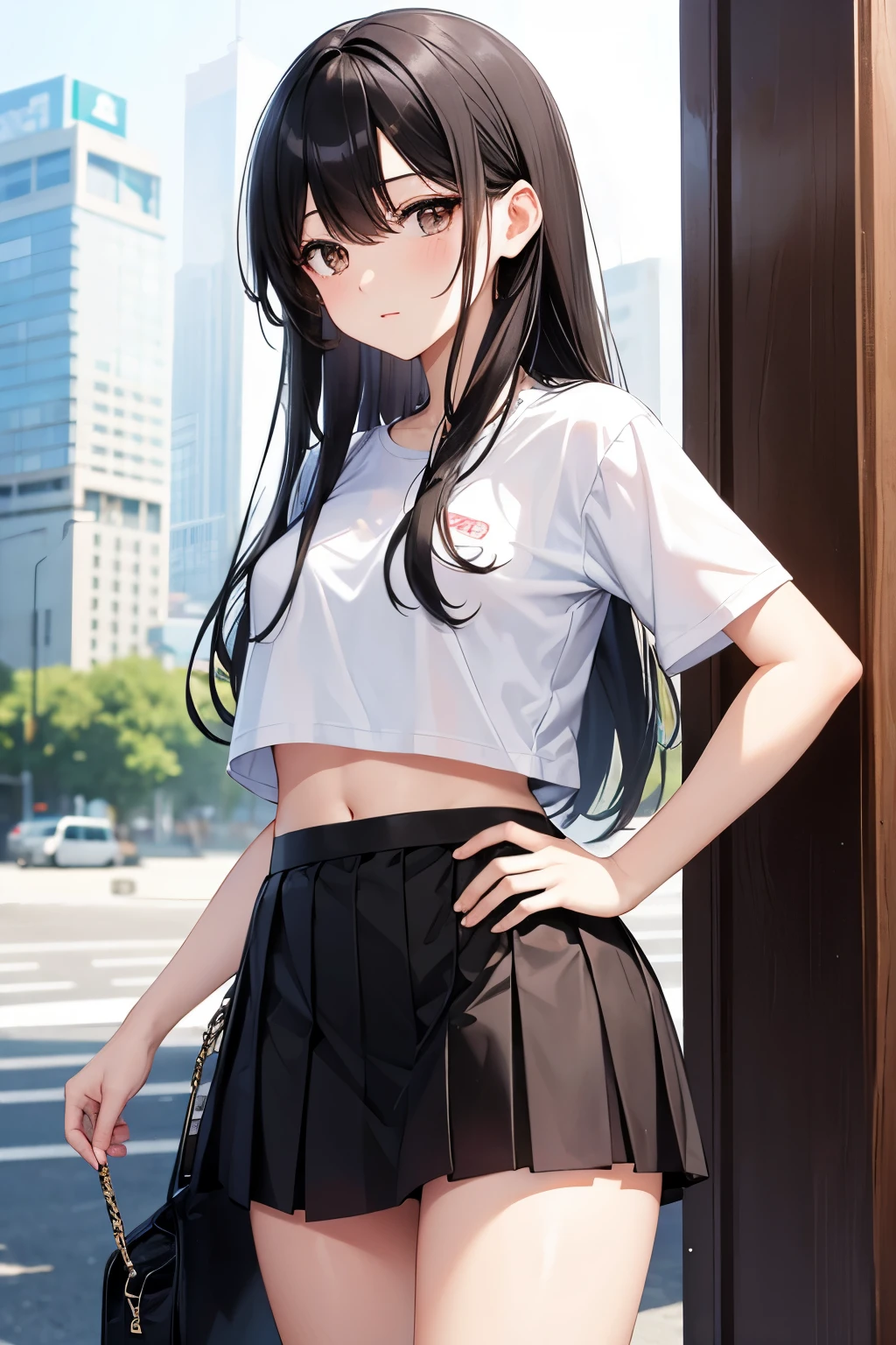 best quality, highres,1 woman,Slender、small face、brown eyes、tall、black hair BREAK、long hair、White short sleeve T-shirt BREAK、(black skirt:1.2)、(beautiful woman:1.5)、25 years old、Mature、midriff peek