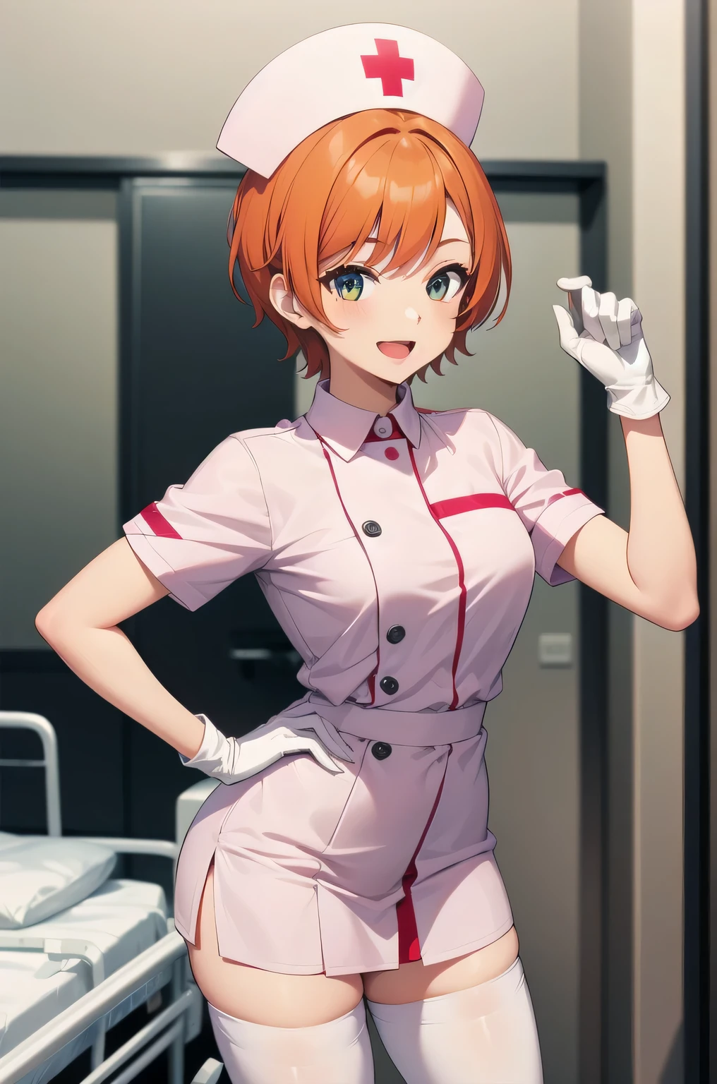 1 girl, alone, nurse, nurse cap, white clothes, ((white legwear, zettai ryouiki)), white gloves, very short hair, orange hair, smile, open your mouth, Are standing, ((hospital room)), sharp outline, short sleeve, Tomboy, boyish, highest quality, masterpiece