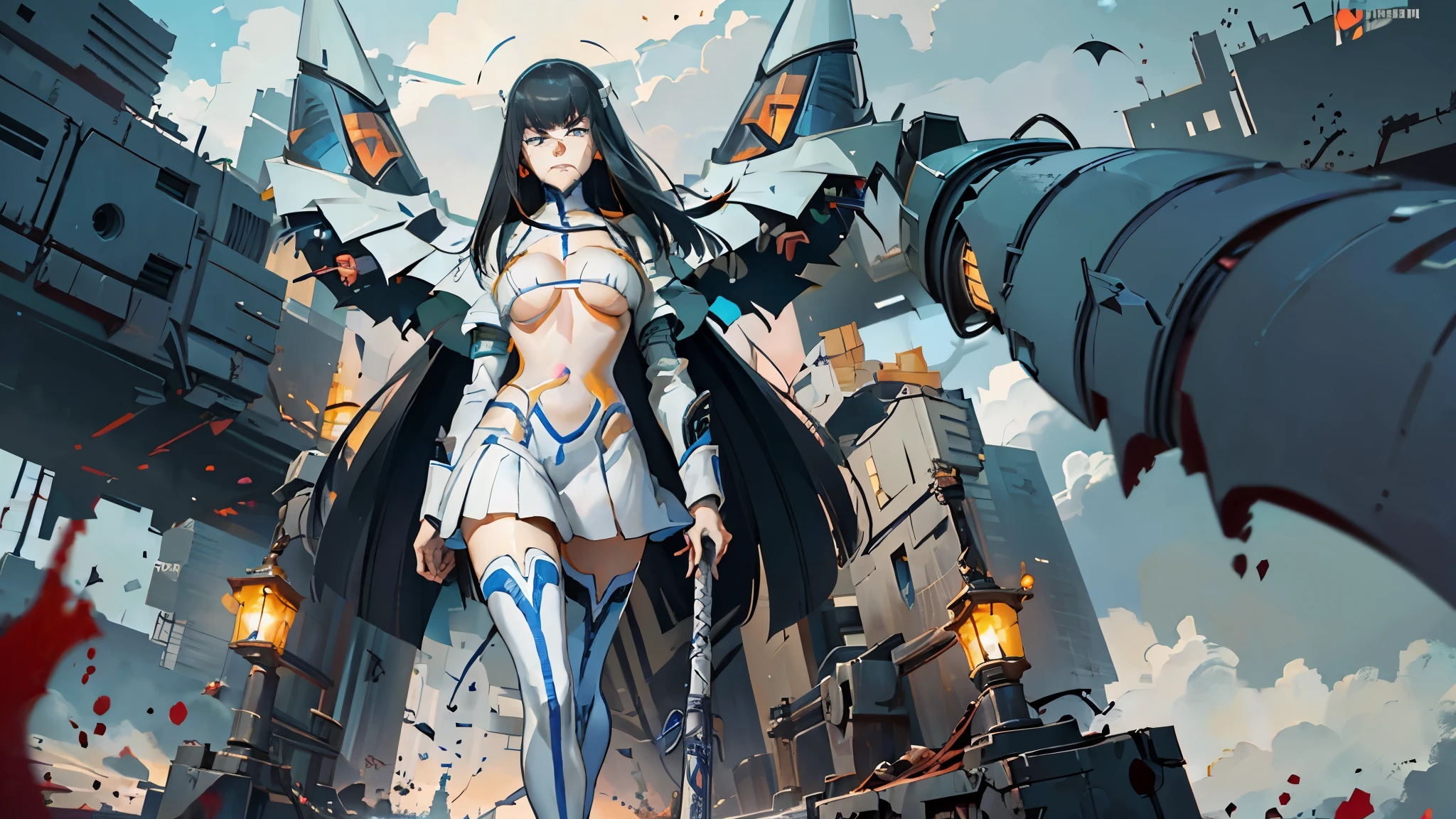 Satsuki Kiryuin,  large breasts, thighhighs, tight leather stockings, White stockings, White shoes, (((underboob))),  junketsu, bikini, cleavage, large breasts, revealing clothes, clothing cutout, cleavage cutout, white panties, white thigh highs, thigh boots, garter straps, , dressed as junkets, Straight posture, Long katana in hand, robot, robotic body, cyborg girl, The body is made of metal, Cyber Eye, cybor killer, tubes throughout the body, thrusters, Mechanical legs, Mechanical arms, very detailed, super quality, 8k ultra resolution, holds a katana with both hands, Short skirt, clothing straps, blood on the cheeks, Epic Shot, in a fighting pose, blurry plan, against the backdrop of the cyber city, The metropolis of the future, very detailed, super quality, 8k ultra resolution