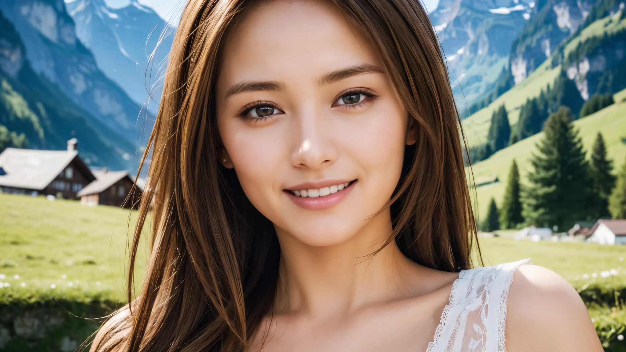masterpiece, Best Quality, Photorealistic, Ultra-detailed, finely detailed, High resolution, 8K Wallpaper, 1 beautiful woman, light brown hair, Perfect dynamic composition, Beautiful detailed eyes, detailed hairs, Detailed realistic skin texture, Smiling, portrait, Model body type, The background is the village of Lauterbrunnen, Switzerland,