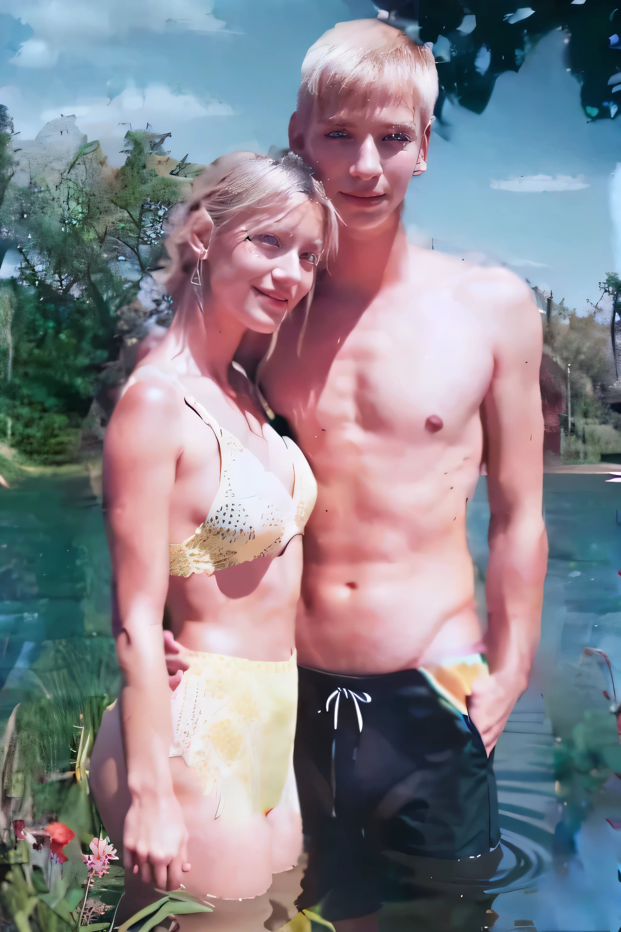 Sebastian060578, steht mit einer Frau am See, both hold hands, She has a hand on his back, Die Frau ist 18 Jahre alt, [beautiful detailed eyes, beautiful detailed lips, extrem detaillierte Augen und Gesicht, lange Wimpern], [Oil painting, Kunst], [Lush green grass, glitzerndes blaues Wasser], [best quality, 4k, highres, Meisterwerk:1.2], ultradetailliert, [Realistisch, photoRealistisch:1.37], [romantisch, Dreamy], [soft, warme Farbpalette], [weiches Sonnenlicht, sanft ihre Gesichter erhellen], [Dreamy, Idyllic atmosphere].