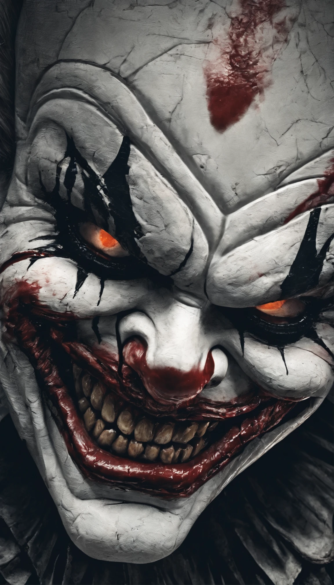 a close up of a creepy clown with blood on his face, horror animatronic, scary clown, pennywise theme, pennywise, scary smile, horrifying grin. horror, twisty, hyperrealistic nightmare scene, creepy evil smile, stefan gesell, horror!! highly detailed, horror smile, horror cgi 4 k, hyper realism scary, dead clown