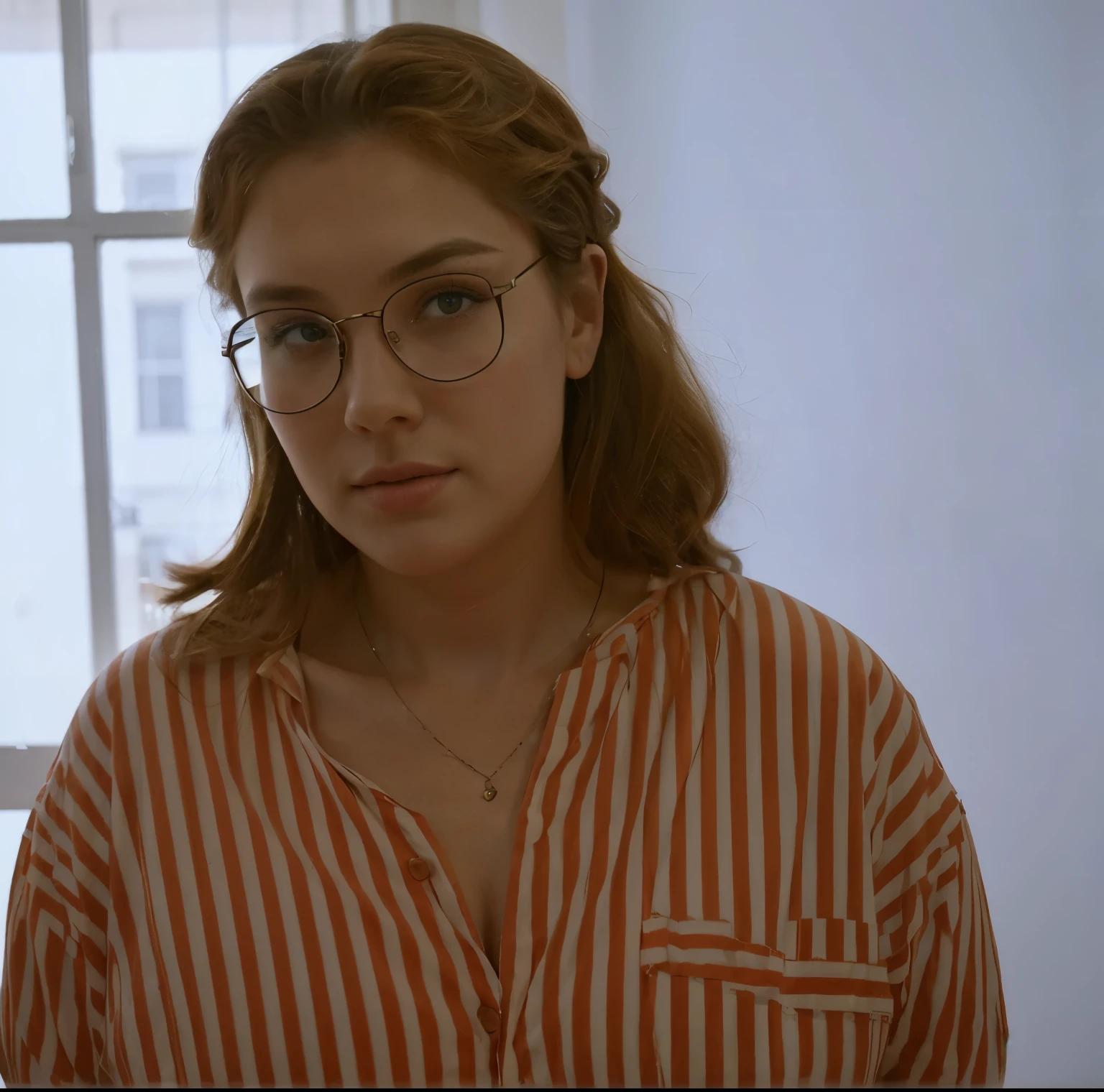 Depict a nude plus-size model in the setting of a grandmother's Soviet apartment