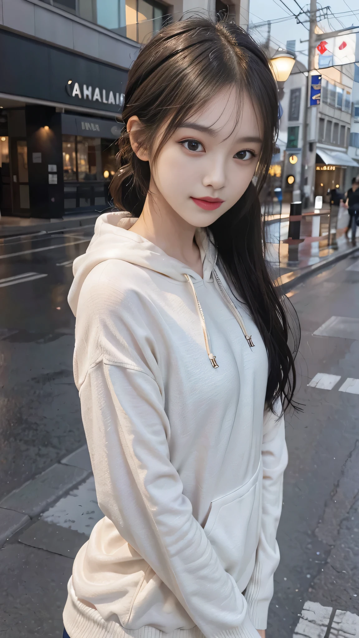 European Streets,One woman,fully body photo,masutepiece, The highest image quality, High quality, the background is clear，Beautiful woman, Japanese, Detailed, Detailed eyes, Detailed skin, Beautiful skin, 超hight resolution, (reality: 1.4),Very beautiful woman, Slightly younger face, Beautiful skin, slender, (Ultra photo realsisim), (hight resolution), (8K), (Very detailed) (beautifully detailed eyes), (super detailed), (Detailed face), view the viewer, Fine details, Detailed face, Staring straight ahead, Staring straight ahead, photos realistic, Bright lighting, Professional Lighting, Black hair,poneyTail,a baby face,fifteen years old,Hairstyle is ponytail,long ponytail hairstyle,slight smile,neat and tidy clothing,European Streets,Beautiful Japanese KPOP idol photo, hair style is ponytail, my eyes are double and wide, baby face, smile and look straight ahead, slender, small breasts,neat and tidy clothing,winter Clothing,snowing,wears a hoodie with a hood,