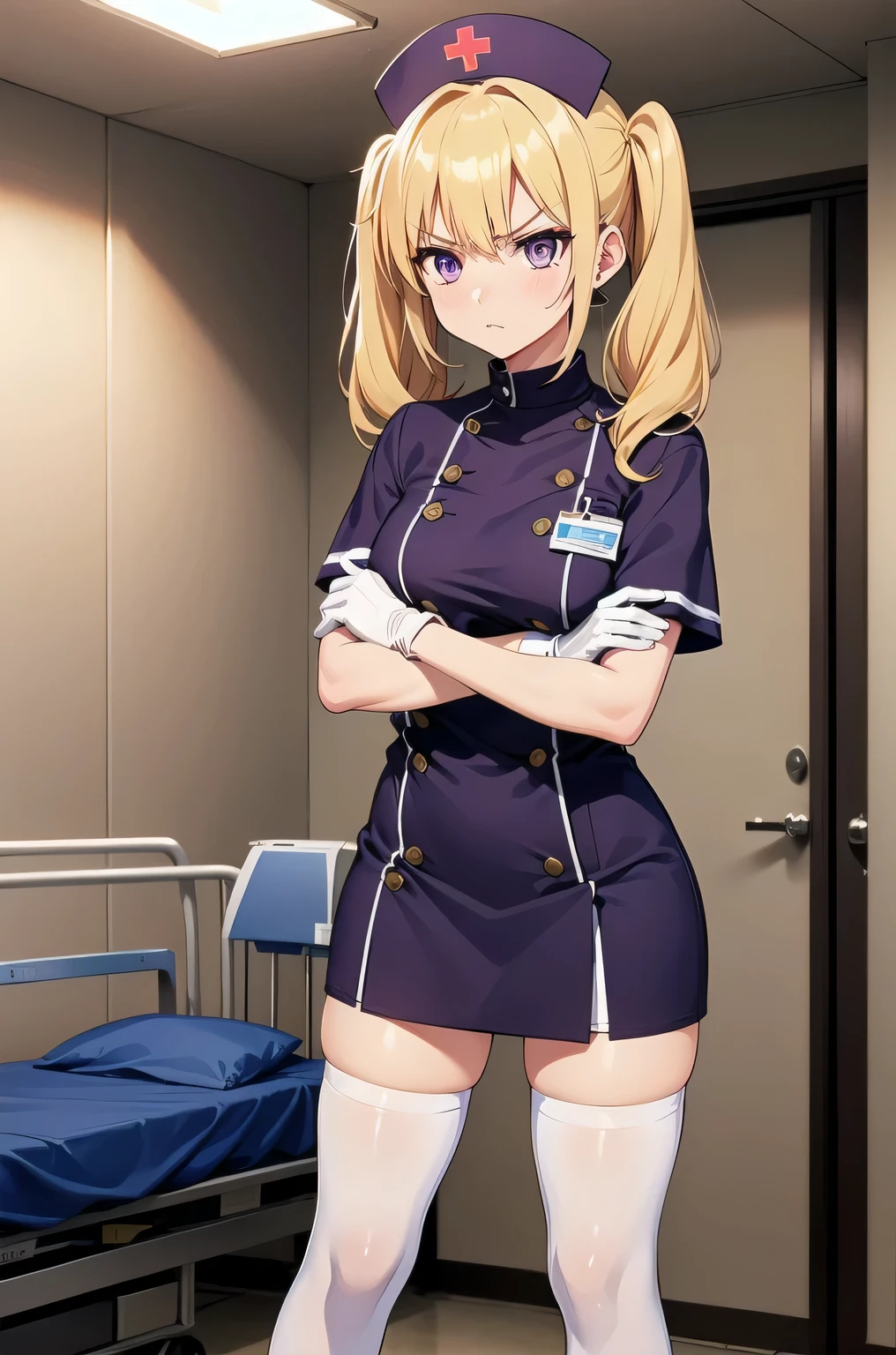 1woman, solo, nurse, white nurse cap, white nurse uniform, ((white legwear, zettai ryouiki)), white gloves, blonde hair, blue eyes, ((white surgical mask, covered nose)), standing, ((hospital room)), sharp outline, short sleeves, mature female, 35 years old, best quality, masterpiece