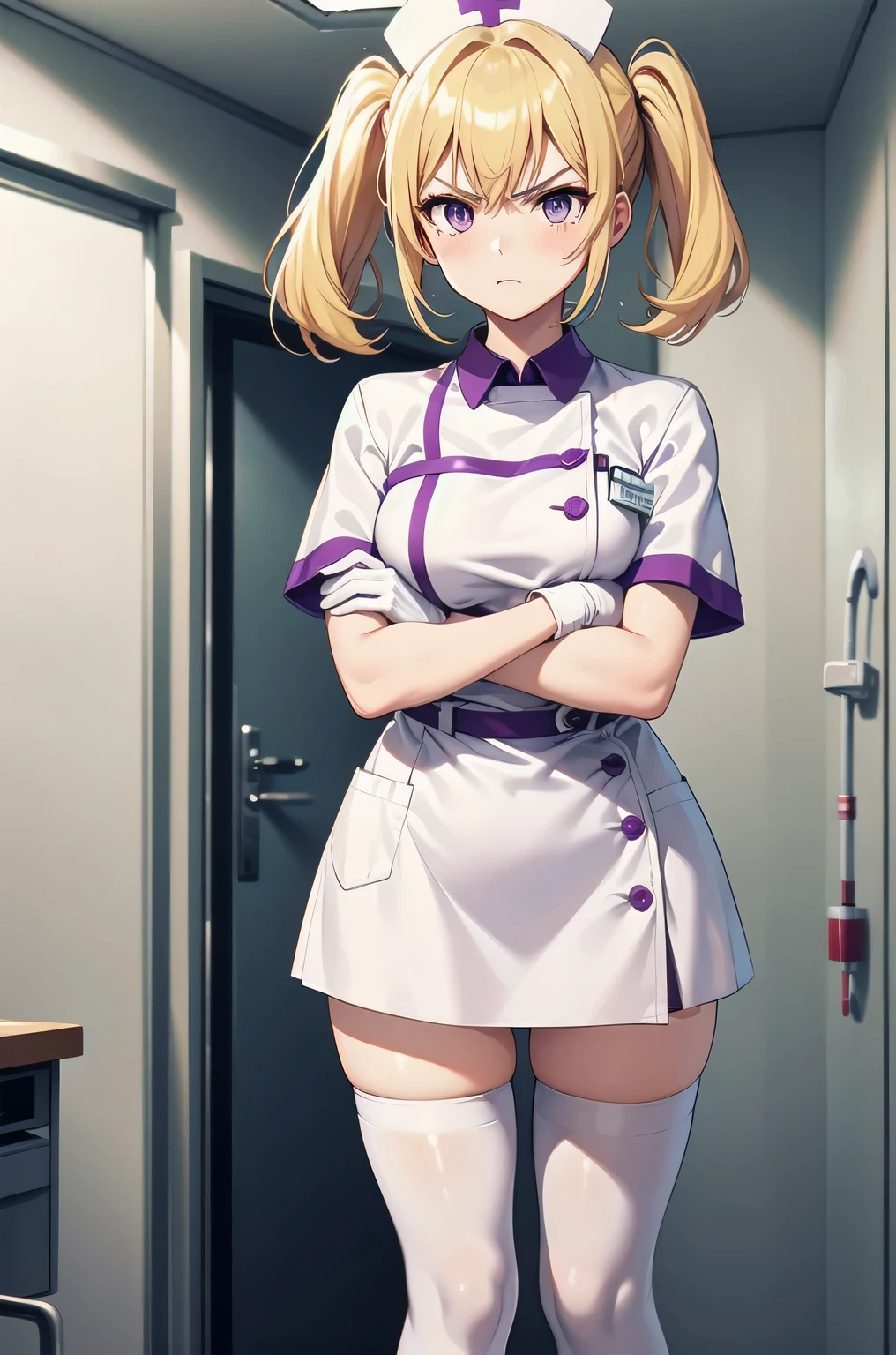 1 girl, alone, nurse, nurse cap, white clothes, ((white legwear, zettai ryouiki)), white gloves, twin tails, yellow hair, purple eyes, anger, crossed arms, Are standing, ((hospital room)), sharp outline, short sleeve, highest quality, masterpiece
