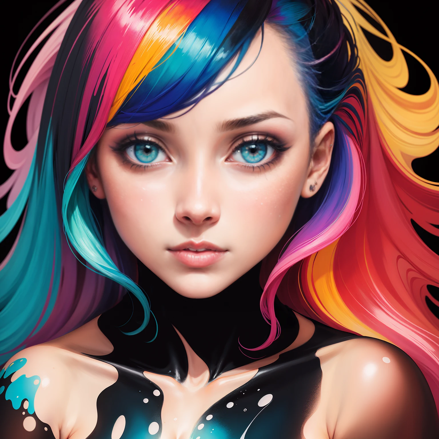 uma mulher com tinta colorida no rosto e no cabelo, gotejamento com cor, arte colorida bonita!, lindo arte digital, Pintura de Arte, Bela arte UHD 4K, retrato abstrato, arte colorida, linda arte digital linda, Arte de Alessandro Pautasso, face submerged in colored oils, pintura colorida, Beautiful acrylic fluid portrait, Tinta colorida, arte digital impressionante, arte colorida
